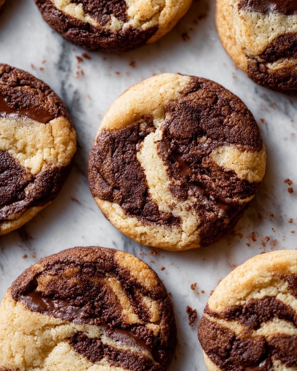 The image shows a close-up of several round cookies on a white marbled surface. Each cookie has a swirled pattern with two colors: light beige and dark brown. The light beige part looks soft and doughy, while the dark brown part has a smooth, melted texture. The cookies have a slightly cracked top and edges that are a little raised and golden. They are scattered loosely, some overlapping slightly, with crumbs around them. The photo taken with an iphone --ar 4:5 --v 7