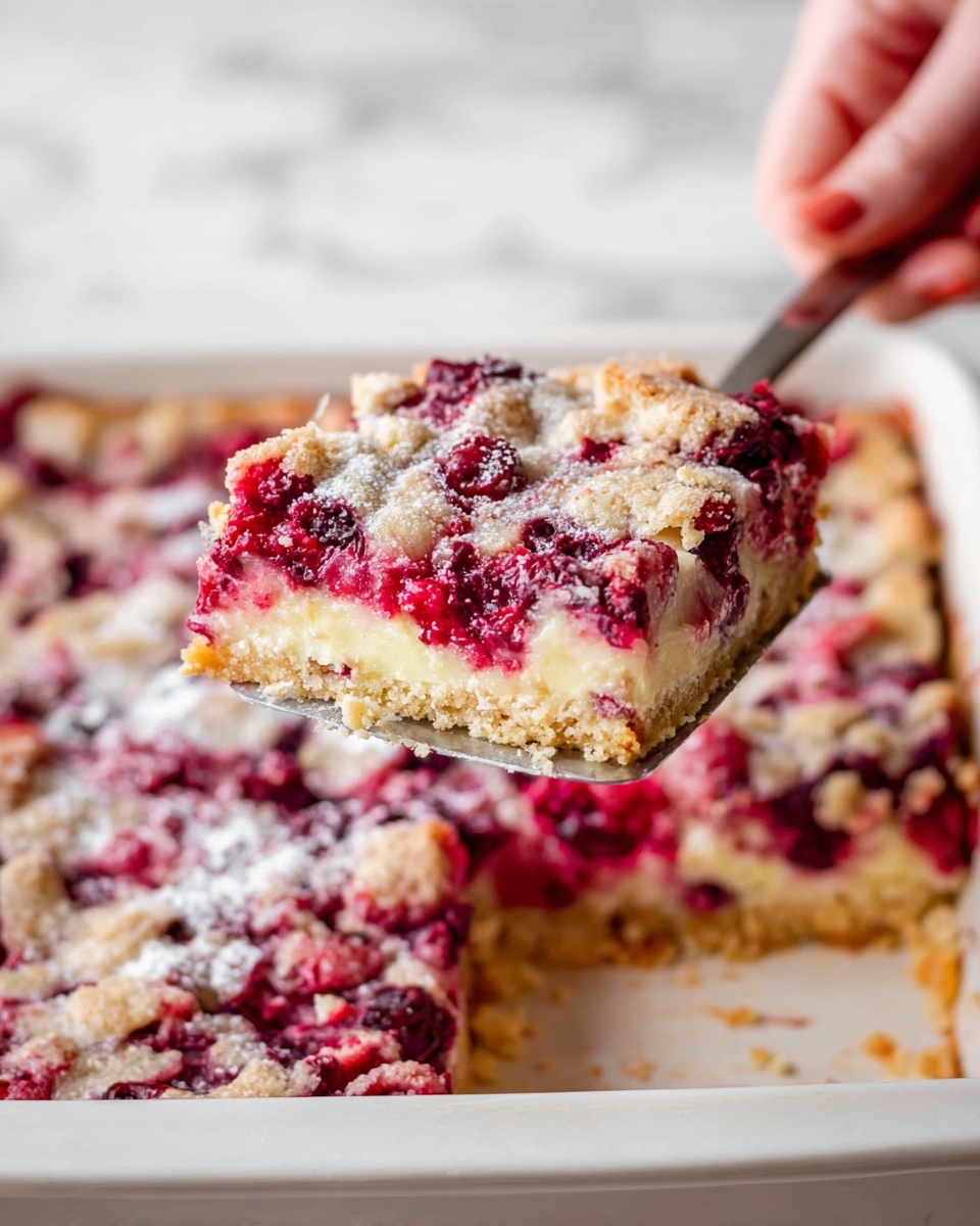 The image shows a square piece of berry dessert being lifted with a spatula from a white baking dish. The dessert has three visible layers: a crumbly, golden crust at the bottom, a creamy light layer in the middle, and a top layer filled with bright red and purple berries embedded in a slightly browned, soft, and textured topping. The dessert is set on a white marbled surface with a woman's hand holding the spatula. photo taken with an iphone --ar 4:5 --v 7