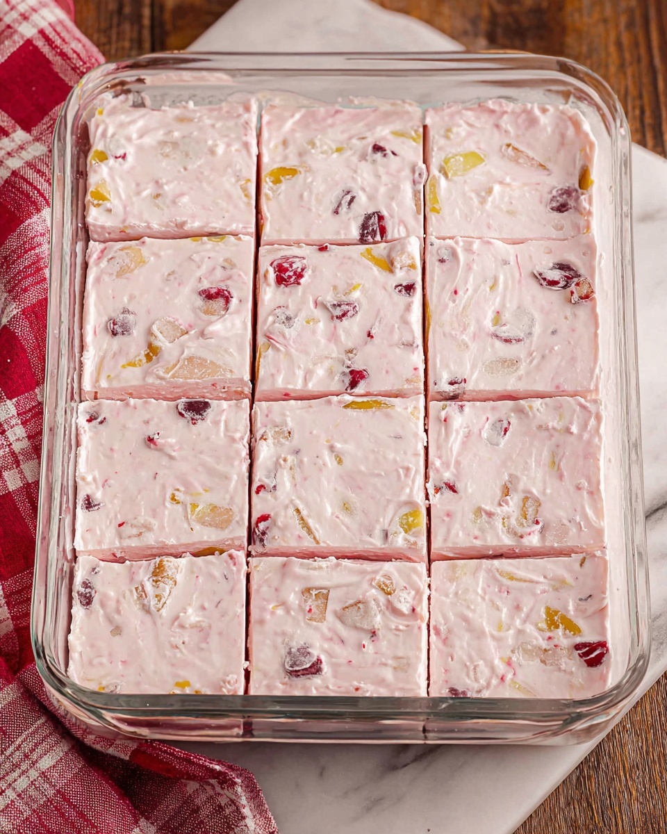 The image shows a glass baking dish filled with a creamy, light pink dessert that is roughly one thick layer. The dessert has visible pieces of fruit or nuts, giving it patches of yellow, red, and dark specks inside the pink creamy texture. It is divided into nine square sections with straight cuts. The dish is placed on a white marbled surface, with a red and white checkered cloth partially visible on the left side. Photo taken with an iphone --ar 4:5 --v 7