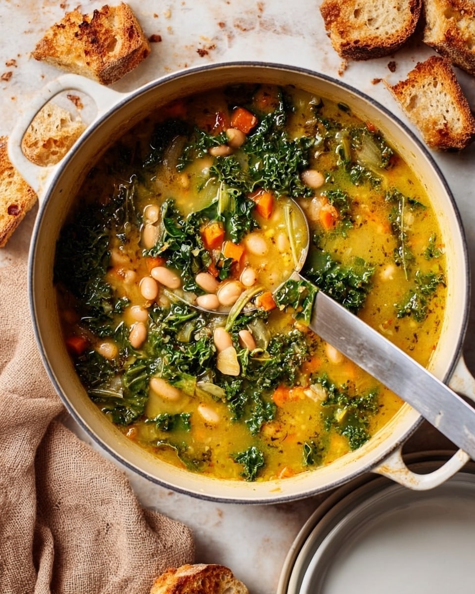 A white pot filled with a thick soup showing three main layers inside: a golden yellow broth base, scattered white beans, and curly dark green kale leaves mixed throughout; small orange carrot chunks are spread evenly, adding color contrast. The pot is on a white marbled surface with broken pieces of brown toasted bread around it. A metal ladle rests partially submerged in the soup, with its long handle extending out toward a plain white plate and a soft brown cloth nearby. The overall scene looks cozy and inviting, with natural daylight illuminating all elements. photo taken with an iphone --ar 4:5 --v 7