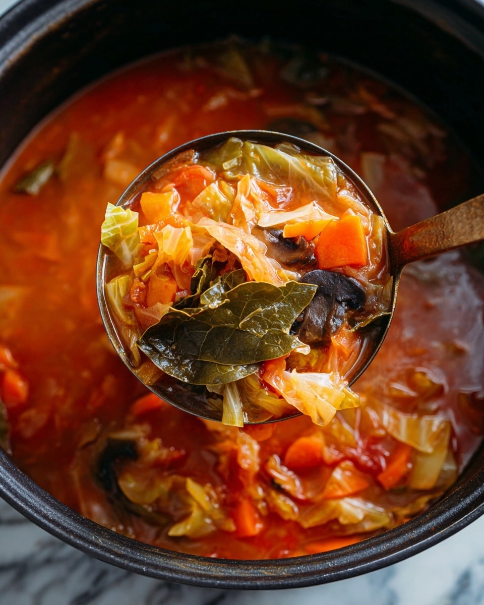 A close-up of a ladle holding a thick, warm vegetable soup filled with visible orange carrot chunks, white cabbage pieces, and soft yellowish chunks submerged in a tomato-based broth with a reddish-brown tint, bits of herbs floating around, and a dark green bay leaf partially visible in the background inside the black dish; the soup shows a mix of chunky and soft textures in a rich, hearty liquid. Photo taken with an iphone --ar 4:5 --v 7