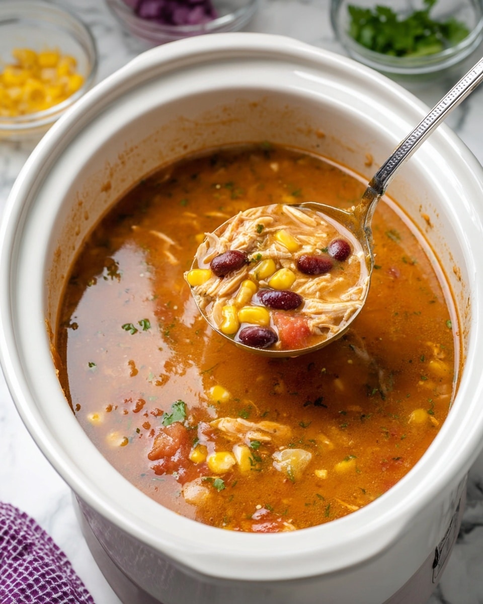 A white slow cooker filled with an orange-brown soup full of visible ingredients like yellow corn kernels, dark red kidney beans, light brown shredded chicken, and small green herb pieces floating on the surface; a silver ladle inside the slow cooker is lifting a scoop of the soup showing a close view of the colorful mix of ingredients in the broth; the soup texture looks slightly thick and smooth with some small pieces of tomato and green herbs scattered around; the slow cooker sits on a white marbled surface, next to small clear bowls with toppings and a purple checkered cloth partially visible on the left side, photo taken with an iphone --ar 4:5 --v 7