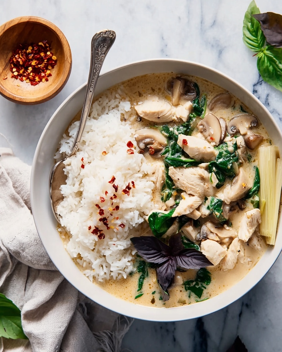 A white bowl filled with two main layers: on the left side, there is a layer of white cooked rice with some red chili flakes on top, and on the right side, a creamy light beige soup with slices of white chicken, light brown mushrooms, green spinach leaves, and a stalk of light yellow lemongrass. There are also some dark purple basil leaves placed on top near the front. A silver spoon rests inside the bowl on the left side, and the bowl sits on a white marbled surface. Nearby, there is a small wooden bowl filled with red chili flakes and a crumpled white cloth. Photo taken with an iphone --ar 4:5 --v 7