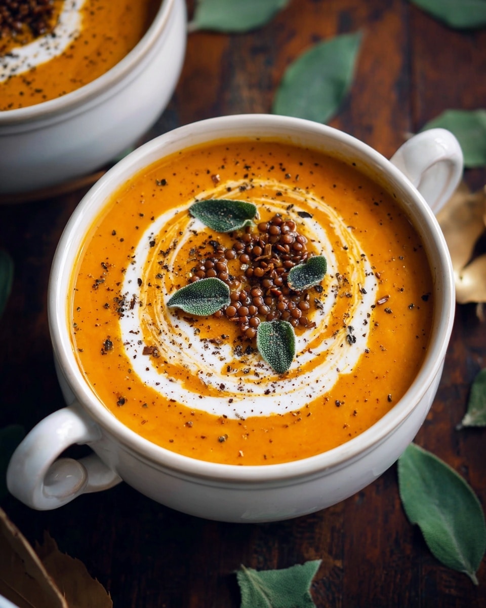 A white bowl with two handles is filled with smooth orange soup that has a thick texture, topped with a swirl of white cream in a circular pattern. Small brown lentils are scattered on top of the cream, along with three small green leaves placed near the edge. There is a light sprinkle of black pepper over the whole surface. The bowl sits on a dark wooden table with scattered green leaves around it. Photo taken with an iphone --ar 4:5 --v 7