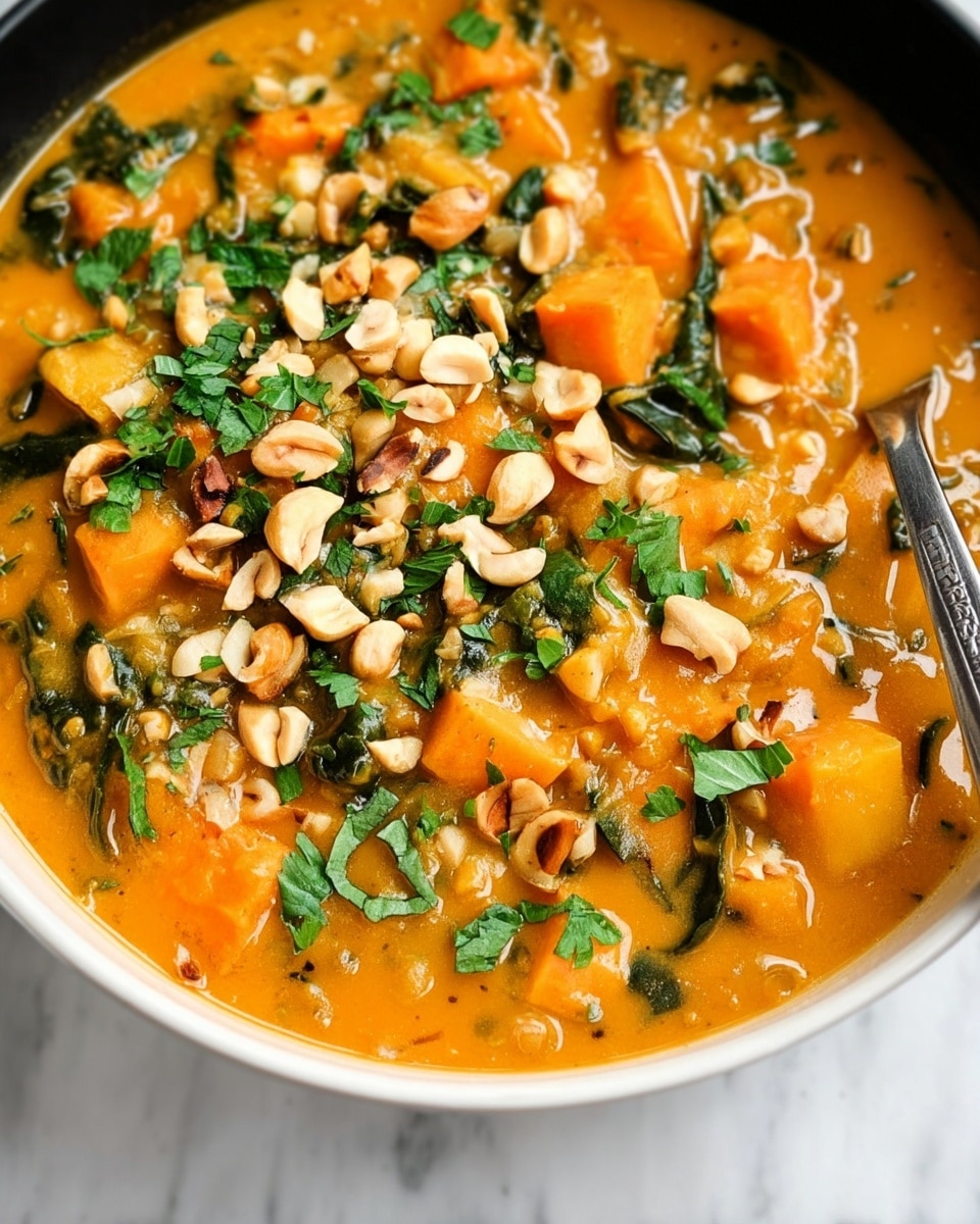 A close-up view of a bowl filled with a thick orange soup featuring visible chunks of yellow-orange sweet potatoes and green leafy vegetables throughout. The soup is topped with roughly chopped light tan nuts and fresh bright green herbs scattered over the surface. The bowl is white and sits on a white marbled surface. A silver spoon rests partly in the soup on the right side. Photo taken with an iphone --ar 4:5 --v 7