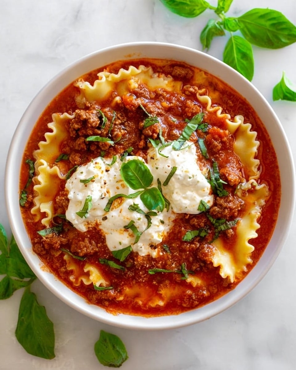 A white bowl filled with layered lasagna soup on a white marbled surface. The bottom layer is red tomato meat sauce with thick chunks of ground meat, covering the base of the bowl. On top, wavy-edged lasagna noodles are spread throughout, partly submerged in the sauce. Dollops of white ricotta cheese sit on the surface in several places, soft and creamy in texture. Bright green torn basil leaves are scattered across the dish and around the bowl, adding fresh color. The background has scattered basil leaves, making the scene fresh and inviting. Photo taken with an iphone --ar 4:5 --v 7