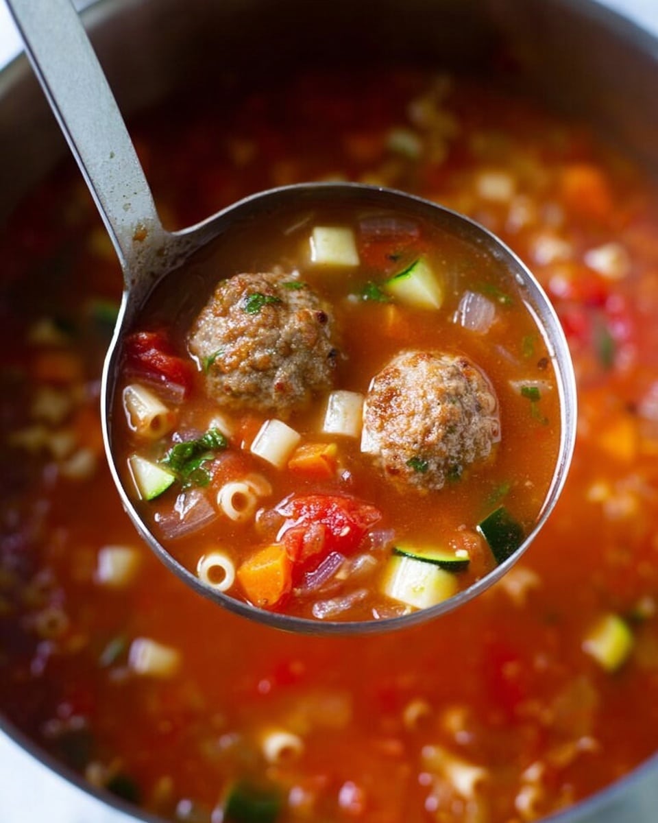 A close-up of a metal ladle holding a bright red soup with three brown meatballs floating on top. The soup has small pieces of green zucchini, orange carrots, red diced tomatoes, translucent onions, and small tube-shaped pasta. The background is blurred but shows more of the same soup in a pot. The soup looks hot and fresh, with a smooth broth and chunky ingredients. The whole scene is set on a white marbled surface. photo taken with an iphone --ar 4:5 --v 7