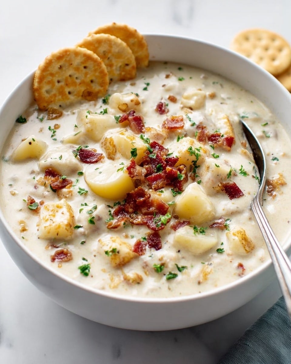 A white bowl filled with creamy white chowder showing chunks of light yellow potatoes and small pieces of browned bacon spread throughout the thick soup. There are tiny green parsley bits sprinkled on top adding spots of color. A silver spoon rests inside the bowl on the right side. Several round saltine crackers lean against the inside edge at the top left of the bowl. The bowl sits on a white marbled surface. photo taken with an iphone --ar 4:5 --v 7