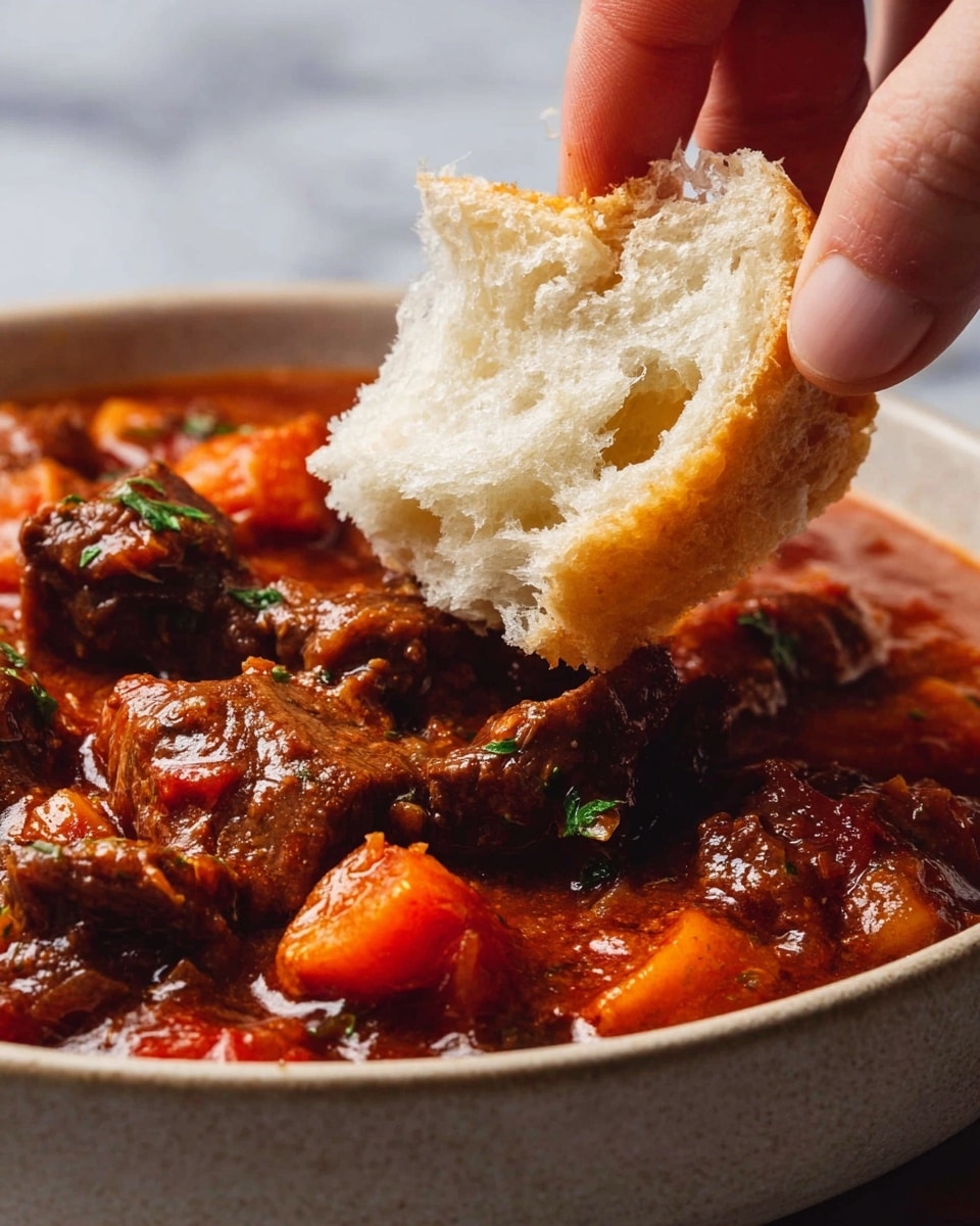 A close-up image showing a woman's hand dipping a piece of soft, torn white bread into a bowl filled with thick, chunky beef stew. The stew has a rich reddish-brown color with visible pieces of tender brown beef, orange carrot chunks, and bits of tomato and herbs, all coated in a glossy, thick sauce. The bowl is white with a slightly textured surface, set on a white marbled background. The photo focuses on the bread and stew interaction, highlighting the texture of both the bread and the stew. photo taken with an iphone --ar 4:5 --v 7
