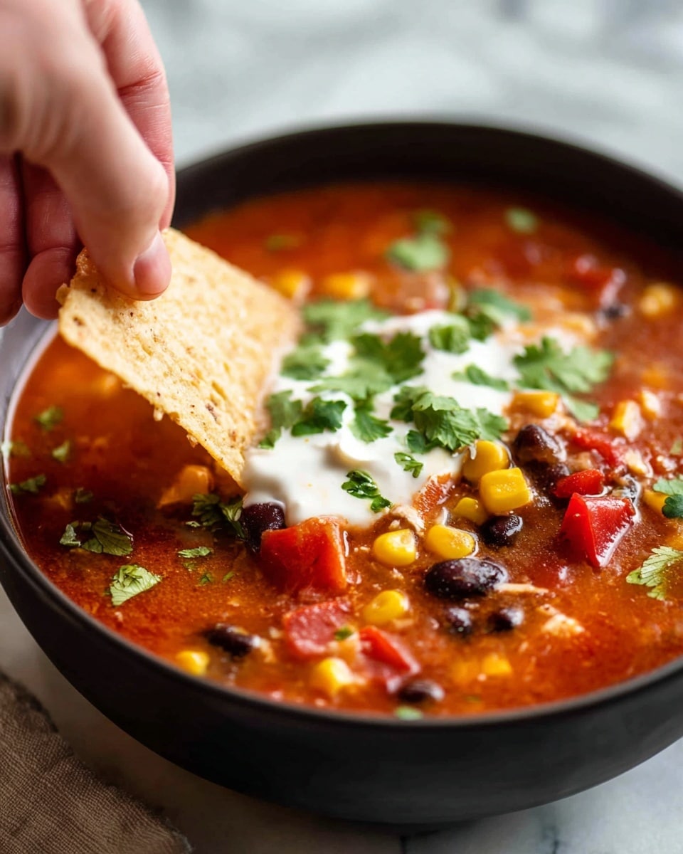 A black bowl filled with a thick red soup that has visible yellow corn, black beans, and pieces of red pepper. On top, there is a white creamy layer of sour cream with green cilantro leaves scattered over it. A woman's hand holds a round, light brown tortilla chip dipping it into the soup. The background shows a white marbled surface. Photo taken with an iphone --ar 4:5 --v 7