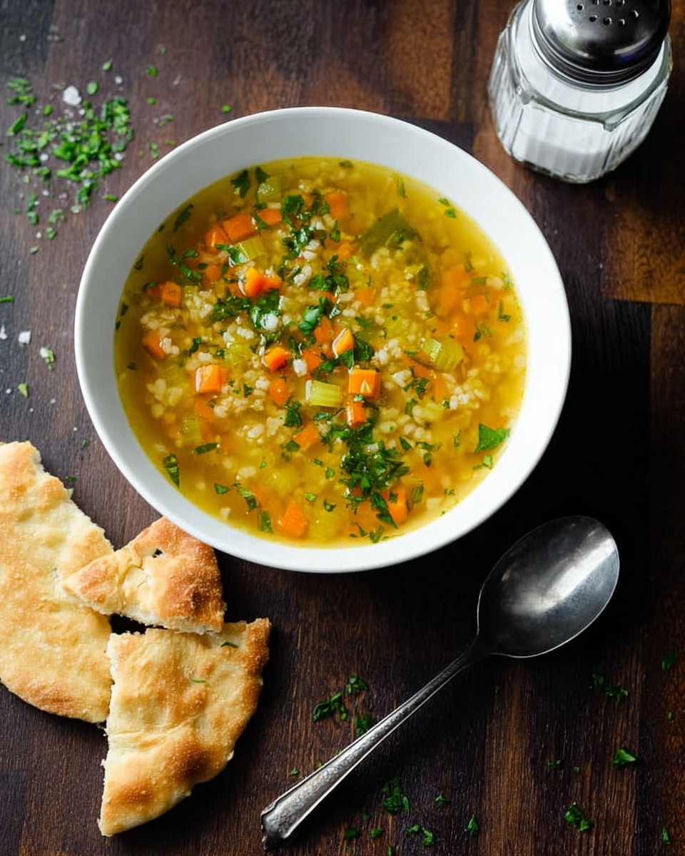 A white bowl filled with a clear yellow broth soup containing visible layers of small orange carrot cubes, light green celery pieces, white grains, and sprinkled chopped green herbs on top. Next to the bowl are two pieces of torn flatbread with a golden-baked texture. A silver spoon rests beside the bowl on a dark wooden surface with small green herb bits scattered around. A clear glass salt grinder is positioned near the top right of the bowl. Photo taken with an iphone --ar 4:5 --v 7