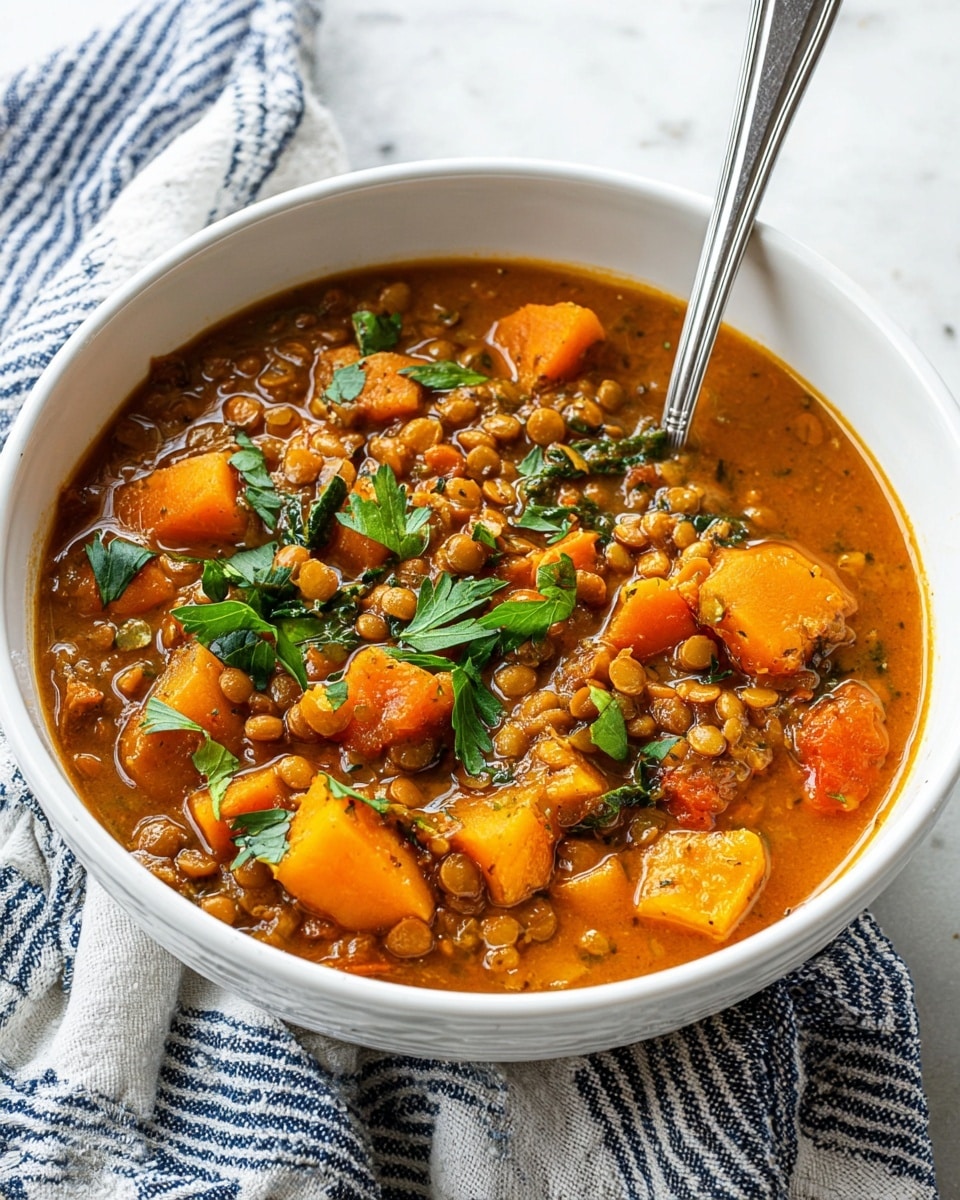 A white bowl filled with thick lentil stew, showing layers of orange chunks of cooked squash mixed with small lentils in a rich orange-brown broth. Bright green fresh parsley leaves are sprinkled on top, adding a touch of color. A silver spoon stands upright in the bowl, which sits on a white marbled surface covered partially by a blue and white striped cloth. The stew has a slightly glossy texture with visible bits of herbs mixed in, creating a hearty and warm look. photo taken with an iphone --ar 4:5 --v 7