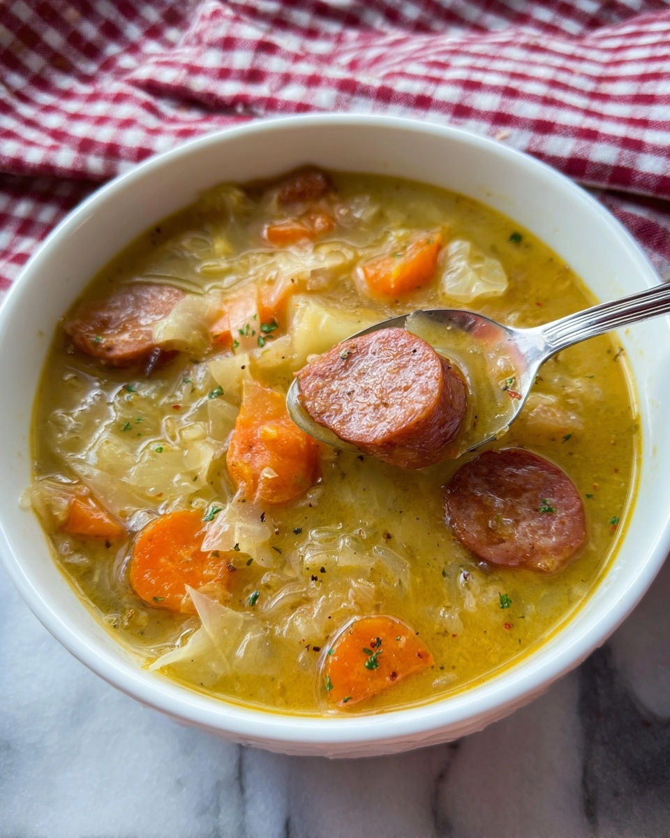 A white bowl filled with thick yellowish soup that has visible round orange carrot slices and several round pieces of brown sausage floating inside. The soup appears chunky with some finely shredded white pieces, possibly cabbage, and small bits of herbs scattered throughout the broth. A metal spoon is lifting a slice of sausage from the bowl. The bowl is placed on a white marbled surface with a red and white checked cloth partially underneath. photo taken with an iphone --ar 4:5 --v 7