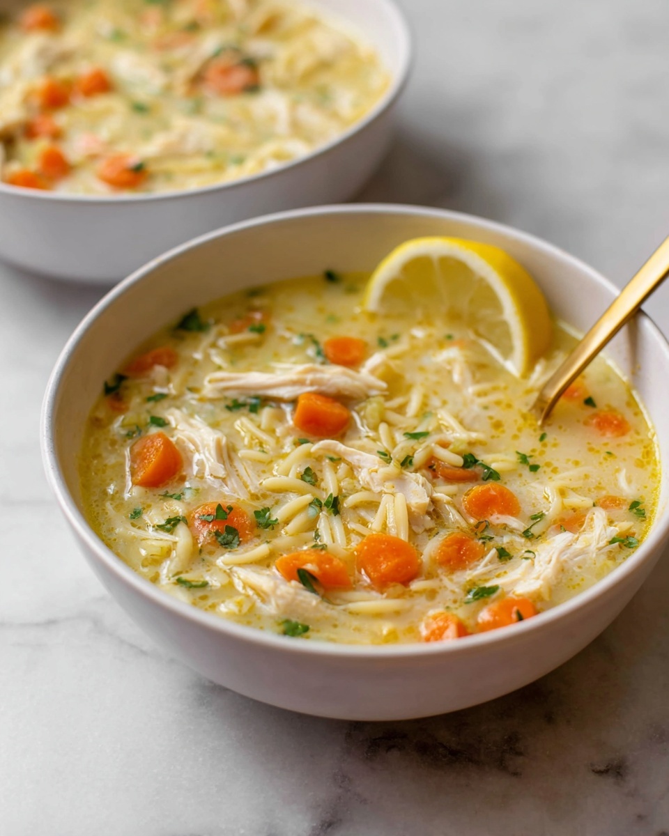 Two white bowls filled with chicken noodle soup are shown on a white marbled surface. Each bowl holds a light yellow broth layered with small white noodle pieces, orange carrot cubes, green herbs, and shredded white chicken pieces. In the front bowl, a slice of bright yellow lemon rests on the right edge, and a golden spoon is placed inside the soup. The background bowl is slightly blurred but shows similar ingredients. photo taken with an iphone --ar 4:5 --v 7