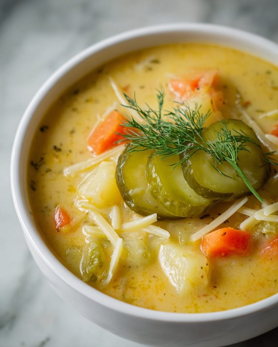 A large white pot filled with thick creamy soup with visible small chunks of orange carrot, green celery, and light-colored potato pieces. A metal ladle lifts a spoonful of the soup showing a round pickle slice and some vegetable bits immersed in the pale yellow broth. The pot sits on a white marbled surface, and the soup has a smooth but chunky texture throughout. Photo taken with an iphone --ar 4:5 --v 7