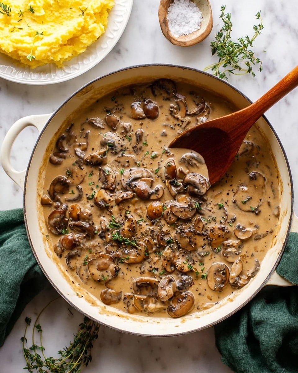 A creamy mushroom sauce fills a white cast iron pan, showing many small and medium-sized sliced brown mushrooms in a thick light brown sauce speckled with black pepper and fresh green herbs, mostly thyme. A wooden spoon with a rich brown color partly rests in the sauce, dipped in the right side of the pan. To the top left, a white plate holds bright yellow mashed potatoes. Around the pan are a small white bowl with coarse salt, fresh thyme sprigs, and a green cloth napkin on a white marbled surface. Photo taken with an iphone --ar 4:5 --v 7