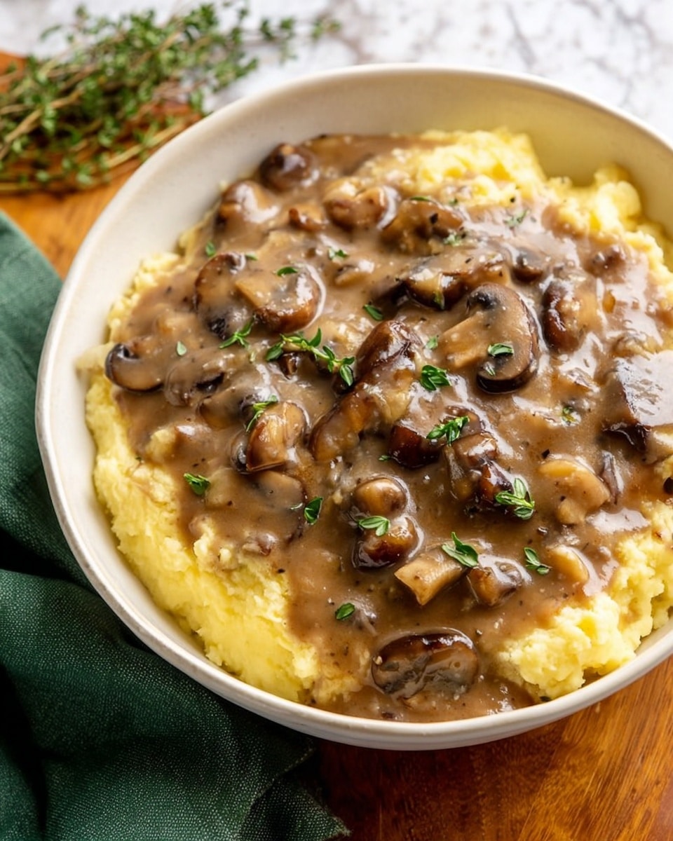 The dish is presented in a white bowl placed on a round wooden board over a white marbled surface. It has two main layers: the bottom layer is creamy yellow with a fluffy texture, likely soft cornmeal or polenta. The top layer is a thick, light brown mushroom sauce with visible sliced mushrooms and small sprigs of green herbs scattered across. A silver spoon rests inside the bowl near the edge, and there is a green cloth napkin partially visible at the bottom right. Photo taken with an iphone --ar 4:5 --v 7