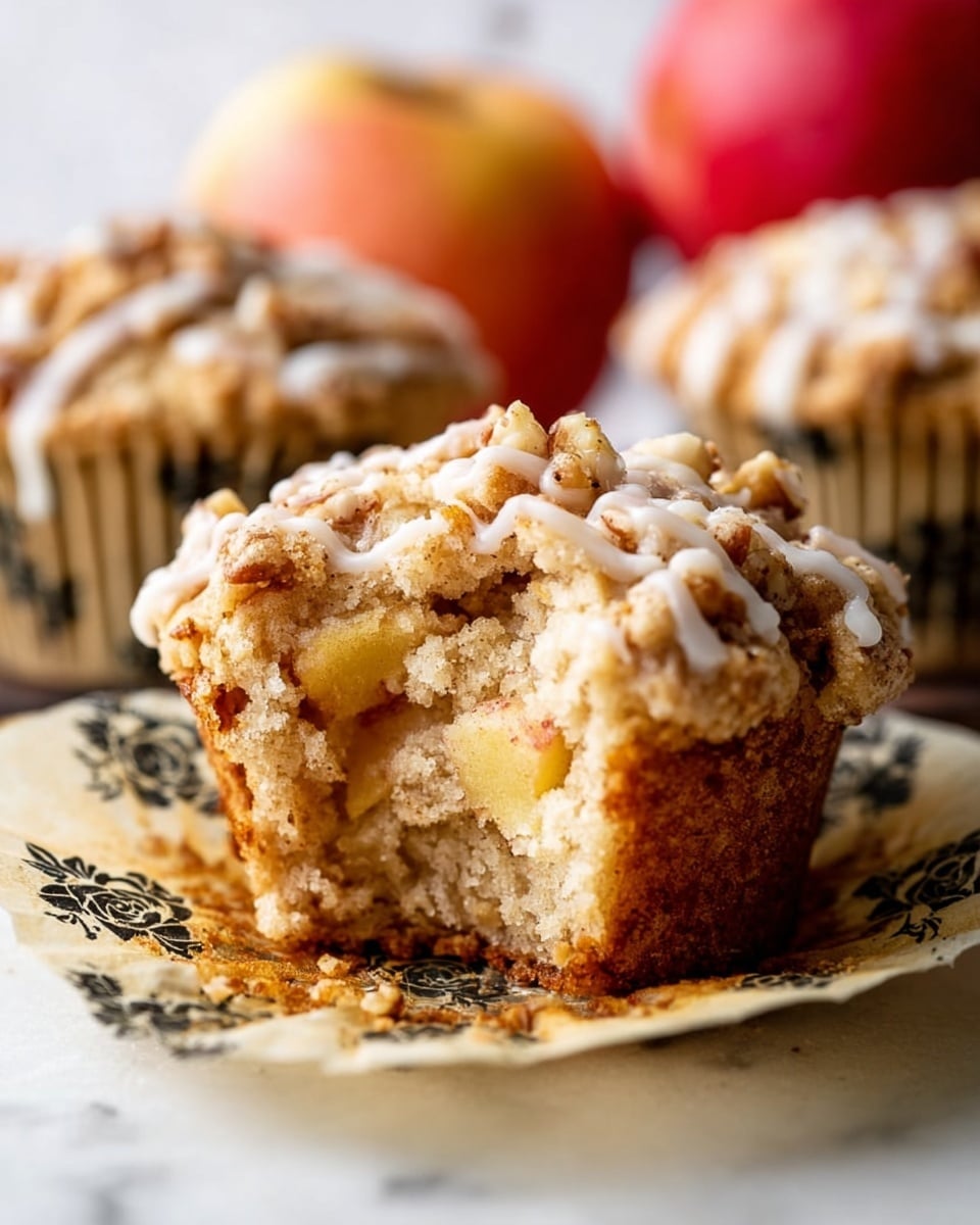 This image shows several round muffins with a rough, crumbly light brown texture on top, with white icing drizzled in a thin, uneven pattern covering the upper surface of each muffin. The muffins are placed on a white marbled surface, scattered close together, and a whole red and yellow apple is placed in the upper right corner. The muffins have uneven edges and a crunchy appearance. photo taken with an iphone --ar 4:5 --v 7