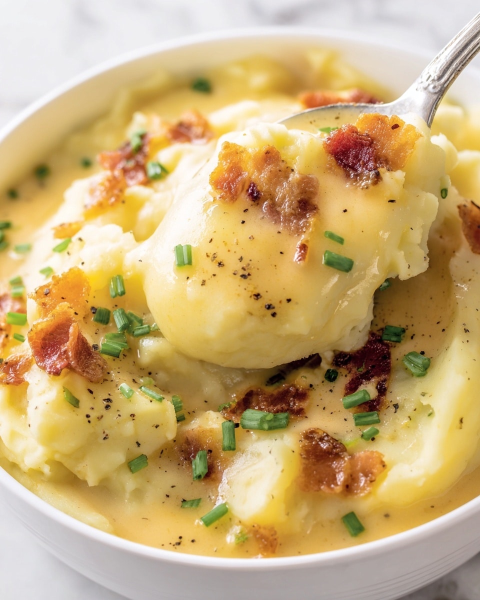 A close-up view shows a spoon lifting a thick, creamy mashed potato mixture from a white bowl. The mashed potatoes are pale yellow and smooth, with a few small lumps visible. On top of the mashed potatoes are small bits of crispy bacon, light brown in color, and bright green chopped chives scattered around. Some black pepper specks are sprinkled over the dish. The background surface is a white marbled texture. photo taken with an iphone --ar 4:5 --v 7