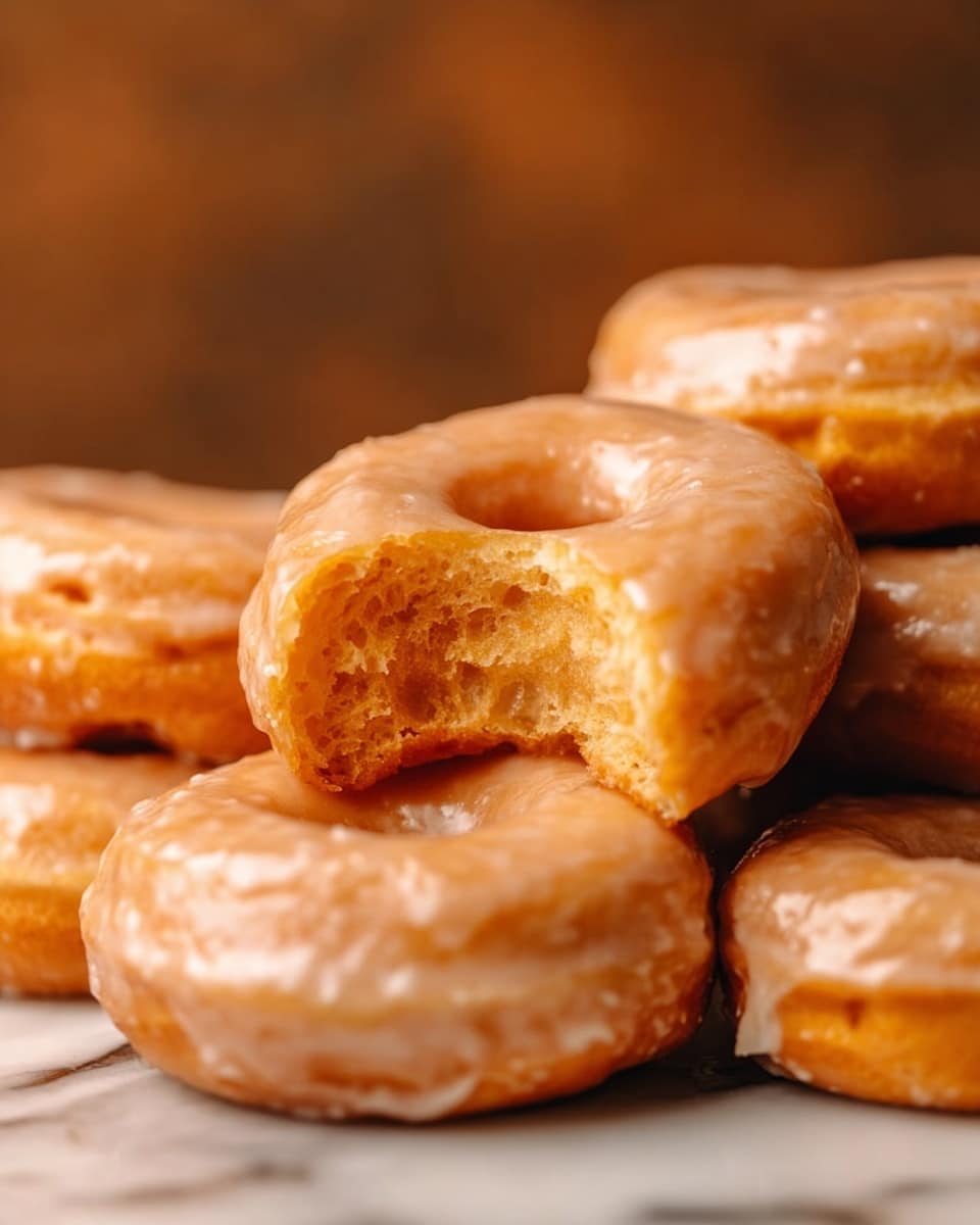 The image shows a close-up of several glazed donuts stacked together on a white marbled surface. One donut is in the center with a bite taken out of it, revealing a soft, moist inside with a light orange-brown color. The glaze on the donuts has a smooth, shiny texture with a light tan color that looks slightly translucent and covers the whole top and edges of each donut. The background is blurred with warm brown tones, making the donuts the main focus. photo taken with an iphone --ar 4:5 --v 7