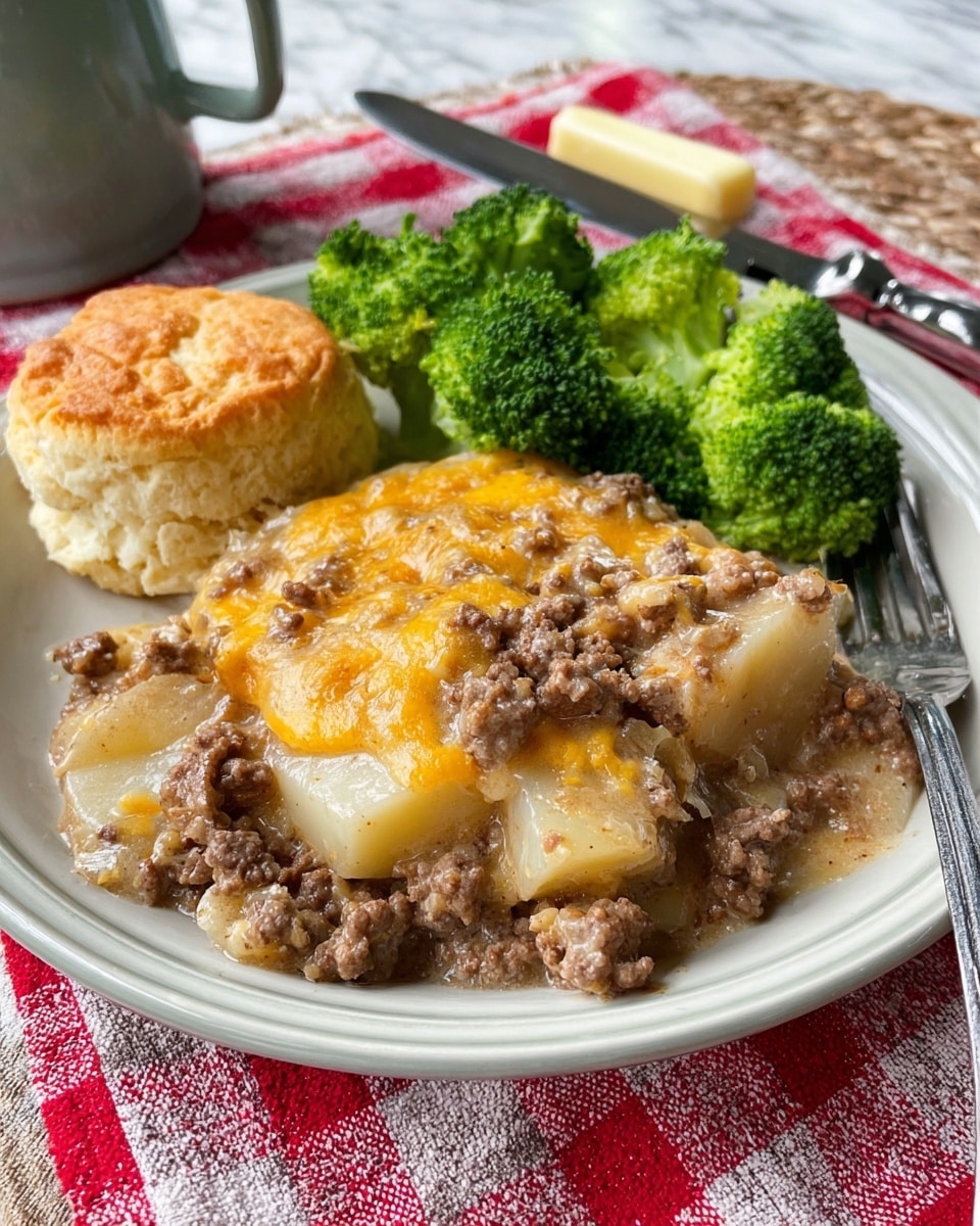 A white plate holds a serving of two layers of a creamy ground beef and potato casserole, where the meat is brown and crumbly mixed with smooth, pale potato slices and melted yellow cheese, creating a rich and thick texture. To the side, there is a fluffy, light brown biscuit with a slightly crispy top, and behind it is a cluster of bright green steamed broccoli florets. The plate sits on a red and white checkered cloth with a butter knife and a fork beside it, all on a white marbled surface. Photo taken with an iphone --ar 4:5 --v 7