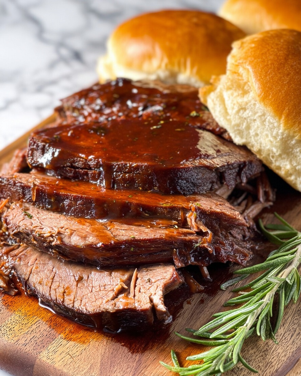 The image shows several thick slices of dark brown cooked meat with a glossy sauce covering the top, lying on a wooden board. The meat has a textured, fibrous inside and a slightly charred outside. Two golden brown sandwich buns are placed behind the meat, and one small green sprig of rosemary rests on the wooden surface beside it. The background is a white marbled texture. Photo taken with an iphone --ar 4:5 --v 7