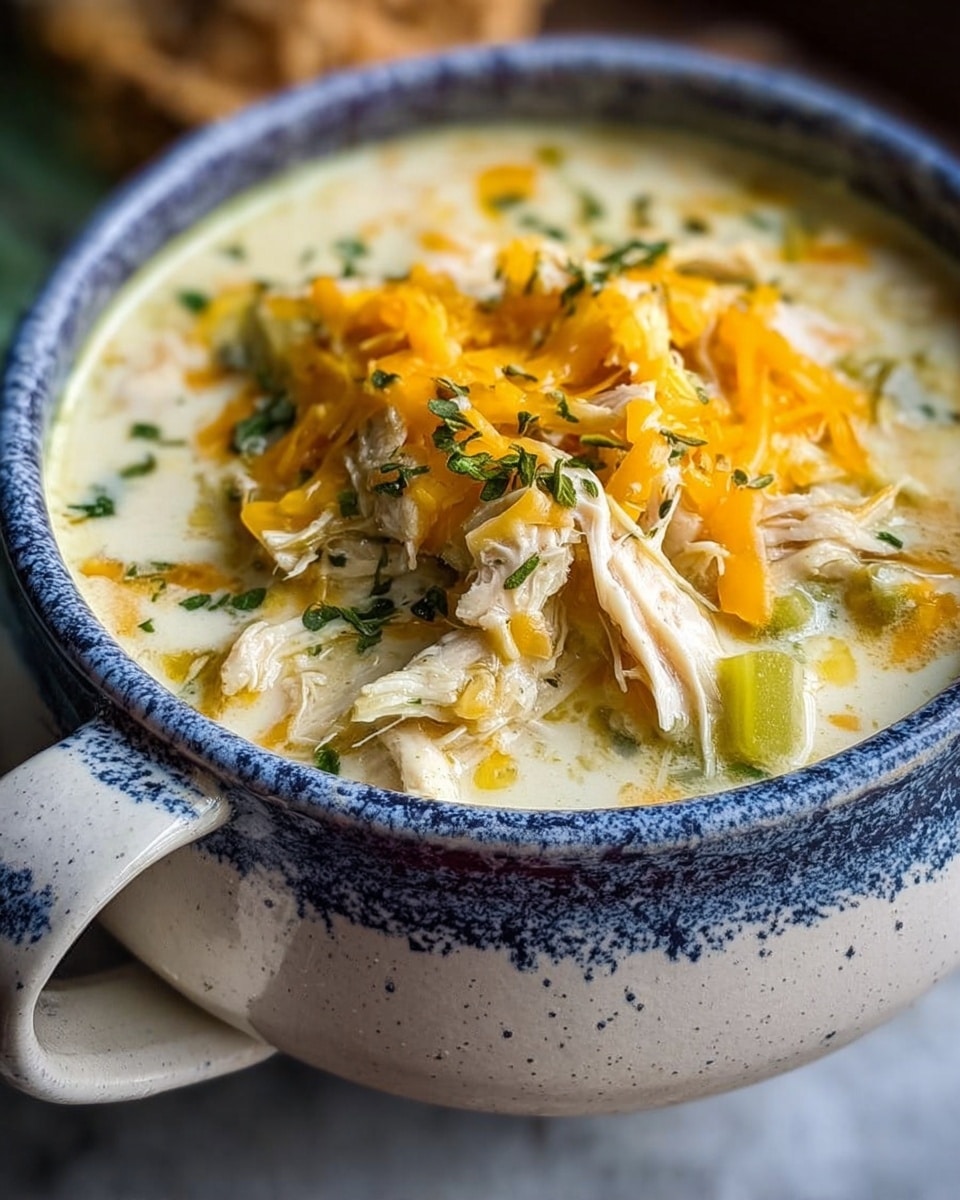 A white-speckled bowl filled with creamy soup that has a thick, velvety white base. On top, there are bright yellow shredded cheese pieces, chunks of potato with pale yellow skin, and shredded light-colored chicken mixed throughout. A sprig of fresh rosemary rests on the bowl's edge. Behind the bowl, a piece of sliced bread with a golden crust is partially visible on a white marbled surface. A dark metal spoon lies nearby with some corn kernels and rosemary sprigs scattered around. Photo taken with an iphone --ar 4:5 --v 7