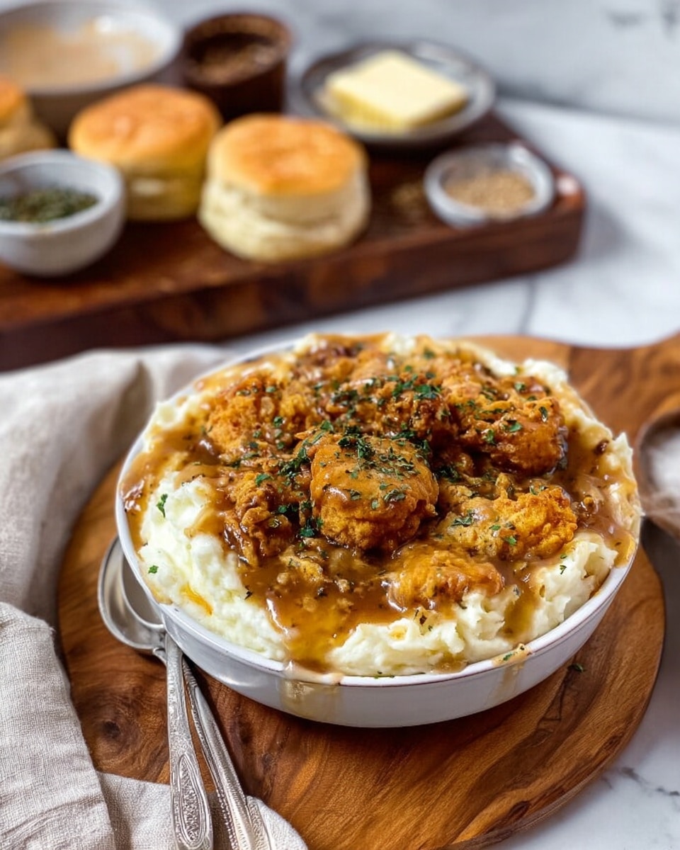 A white bowl filled with two main layers: a creamy white layer of mashed potatoes topped with a darker brown layer of crispy, fried pieces covered in light brown gravy with some green herb sprinkle. The bowl is placed on a wooden board, with some small bowls of sauces and seasonings blurred in the background, and soft biscuit halves slightly spread with butter sit nearby. The scene is set on a white marbled surface with a light cloth and silver forks resting beside the bowl. Photo taken with an iphone --ar 4:5 --v 7