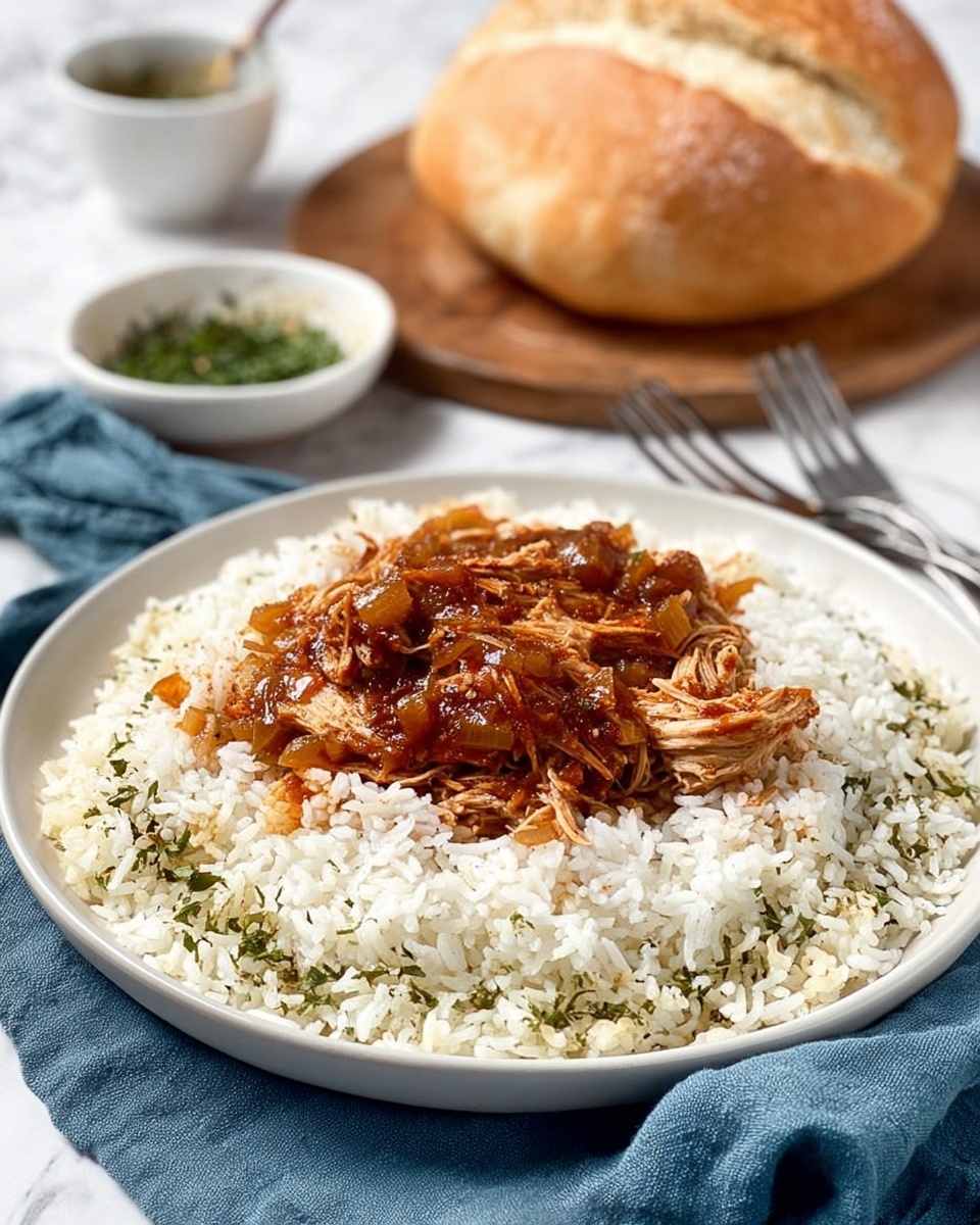 A round white plate holds a large ring of fluffy white rice with green herb flecks spread evenly around the edge. In the center is a mound of shredded meat covered in a thick reddish-brown sauce with visible chunks of onions. The plate sits on a white marbled surface, with a blue cloth napkin casually folded to the right. In the background, there is a round loaf of crusty bread on a wooden board, and a small white bowl with green herbs inside. Two silver forks rest near the plate. photo taken with an iphone --ar 4:5 --v 7