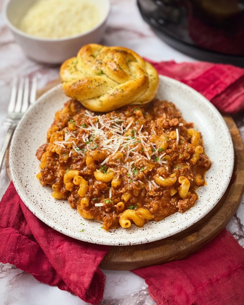 A white plate holds a heap of pasta mixed with brown ground meat and covered in a thick orange-red sauce. On top, there is a light sprinkle of shredded pale cheese and small green herb pieces. The pasta is small and curved, with a slightly shiny texture from the sauce. The plate sits on a wooden surface next to a pink cloth with subtle white floral patterns, and an appliance handle with buttons is visible in the background. photo taken with an iphone --ar 4:5 --v 7