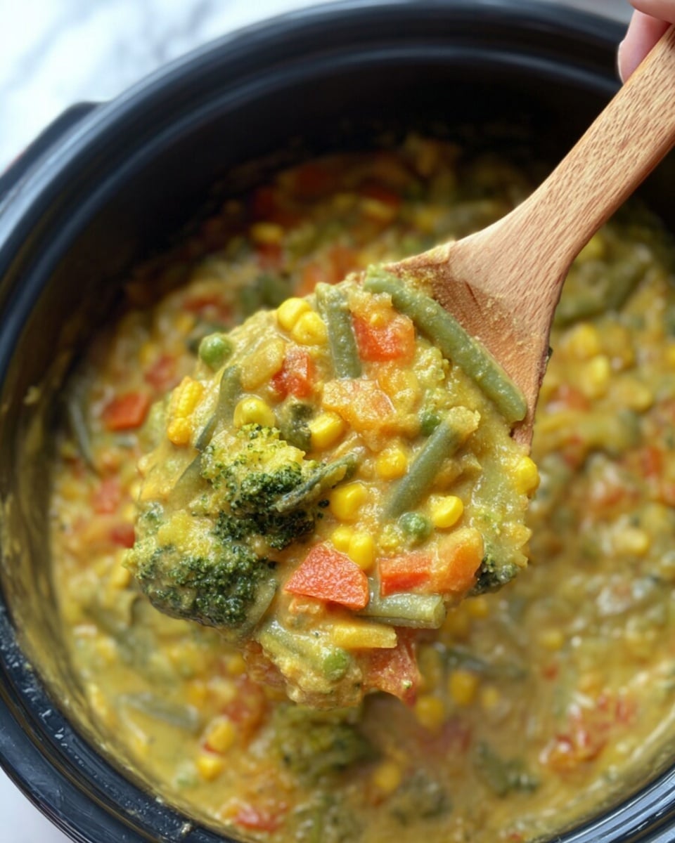 A close-up view of a ceramic bowl filled with creamy mixed vegetable casserole. The dish has visible layers of bright yellow corn, green peas and green beans, orange carrot cubes, and green broccoli florets, all covered in melted light orange cheese sauce giving a soft texture. The bowl sits on a red, white, and blue checkered cloth with part of a white marbled surface showing near the edges. Another bowl with the same dish is partly visible in the background. Photo taken with an iphone --ar 4:5 --v 7