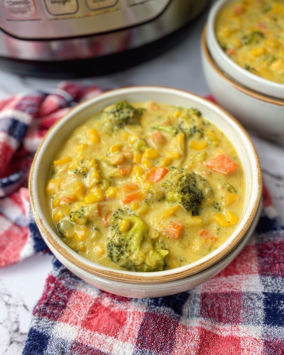 The image shows a white ceramic bowl filled with a thick, creamy vegetable stew, with visible chunks of bright green broccoli florets, yellow corn kernels, and small diced orange carrots mixed in a pale yellow sauce. The bowl has a slight brownish rim and sits on a red, white, and blue checkered cloth on a white marbled surface. Part of a silver kitchen appliance with a black base is seen in the upper left corner, and another similar bowl filled with the same stew is partially visible in the upper right corner. photo taken with an iphone --ar 4:5 --v 7