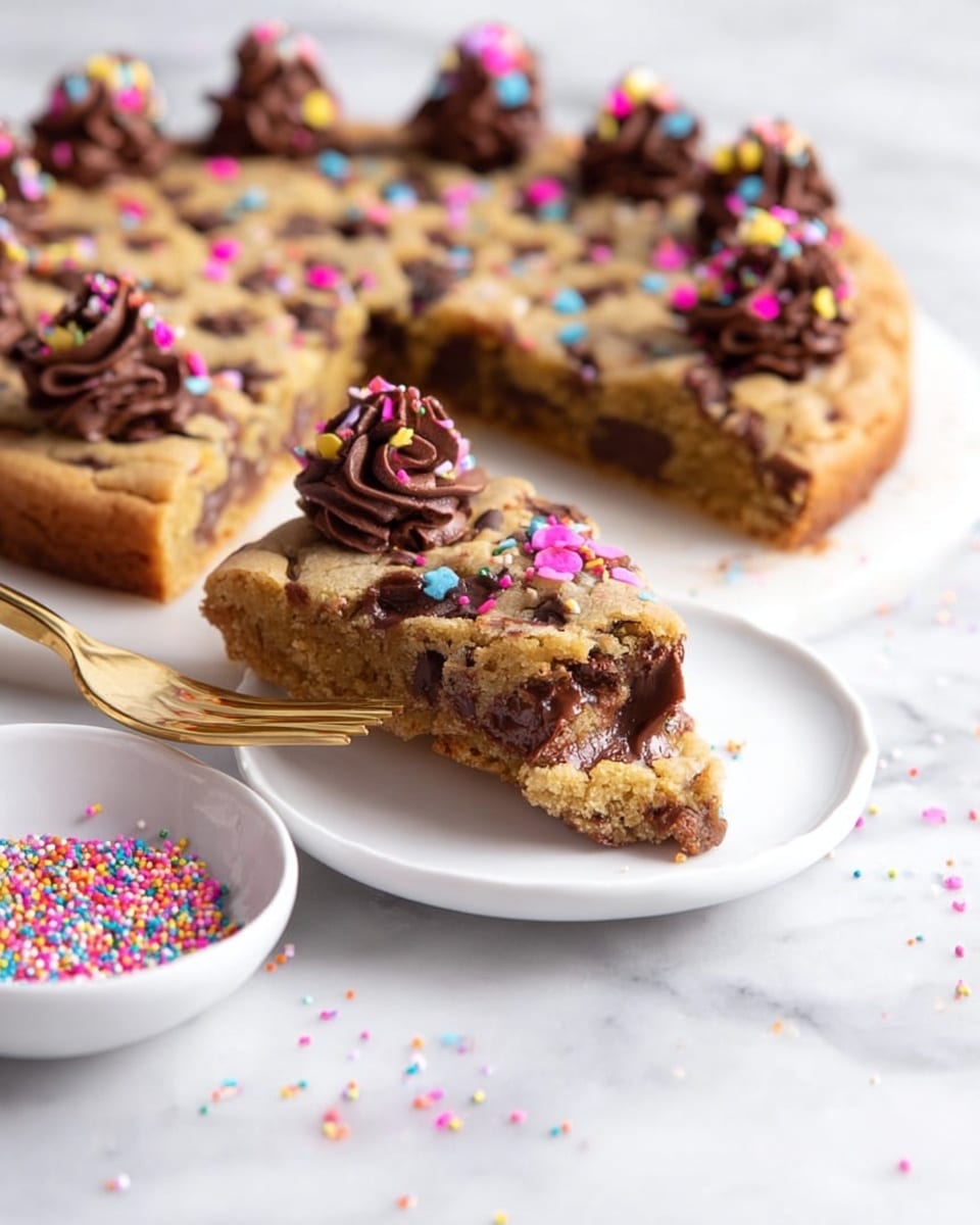 A large, round cookie cake is shown, cut into slices with a slice being lifted by a metal spatula. The cookie cake is light golden brown with many dark chocolate chips scattered on top. There are five swirls of smooth chocolate frosting evenly spaced on the cookie cake’s surface, some with colorful pink, purple, yellow, white, and green sprinkles of different shapes including round and star-shaped. The cookie sits on the edge of a white marbled surface, with a beige cloth partially visible below it. To the right are two white scalloped bowls filled with colorful sprinkles, adding bright contrast to the scene. photo taken with an iphone --ar 4:5 --v 7