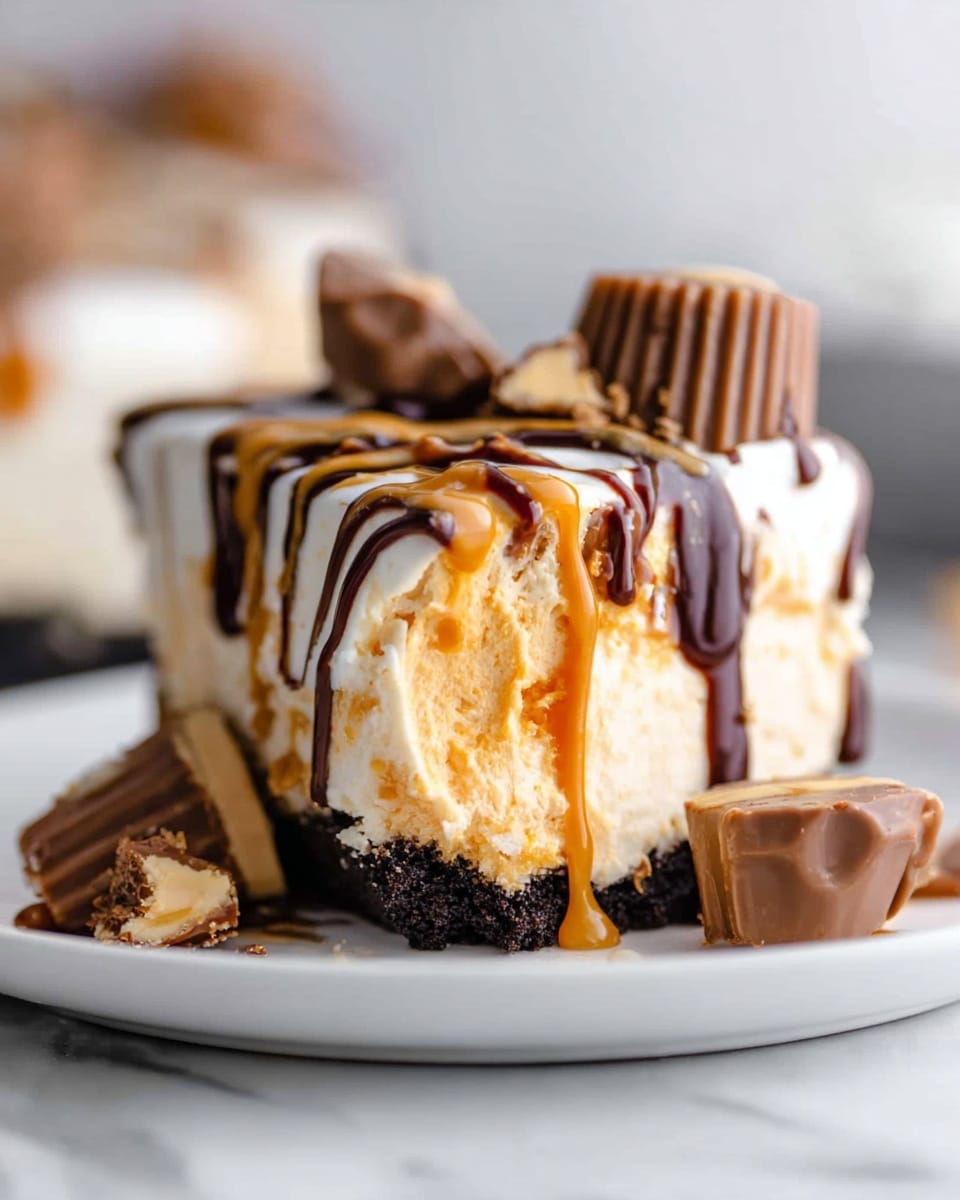 A white plate holds a dessert with three layers: the bottom layer is dark chocolate cookie crust, the middle layer is smooth light brown peanut butter filling, and the top layer is white whipped cream. The dessert is drizzled with dark chocolate and caramel sauces. Small pieces of peanut butter cups are scattered on top and around the plate. A woman's hand holding a fork rests on the left side of the plate. The background is a white marbled surface with a blurred dark backdrop. Photo taken with an iphone --ar 4:5 --v 7