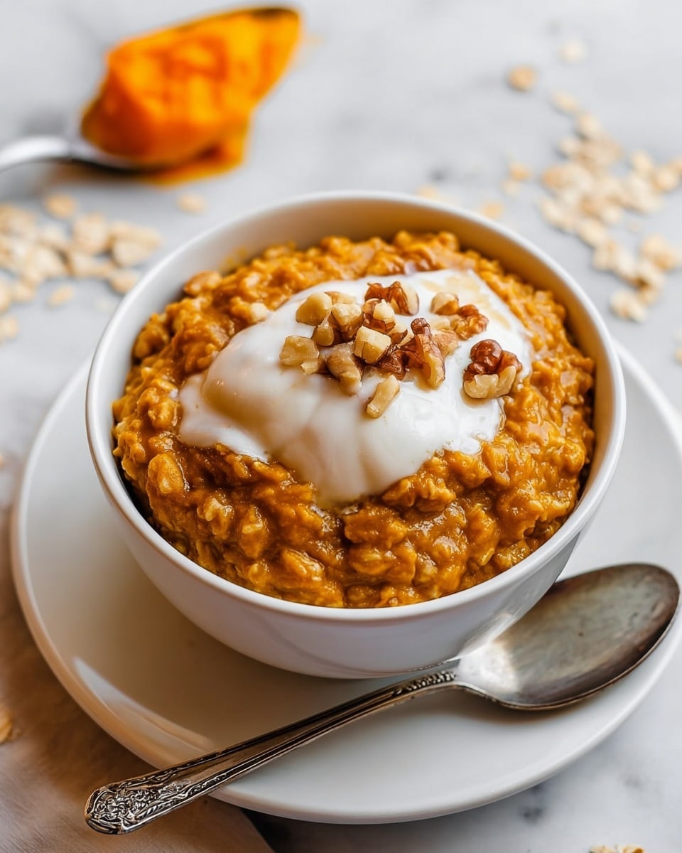 The image shows a white bowl full of thick oatmeal that is orangish-brown, topped with a dollop of white creamy yogurt and a handful of chopped walnuts scattered on top. The bowl sits on a white plate, and beside it lies a silver spoon with ornate details. In the background, there is a white marbled surface with some scattered oats and a spoonful of bright orange pumpkin puree slightly blurred. Photo taken with an iphone --ar 4:5 --v 7