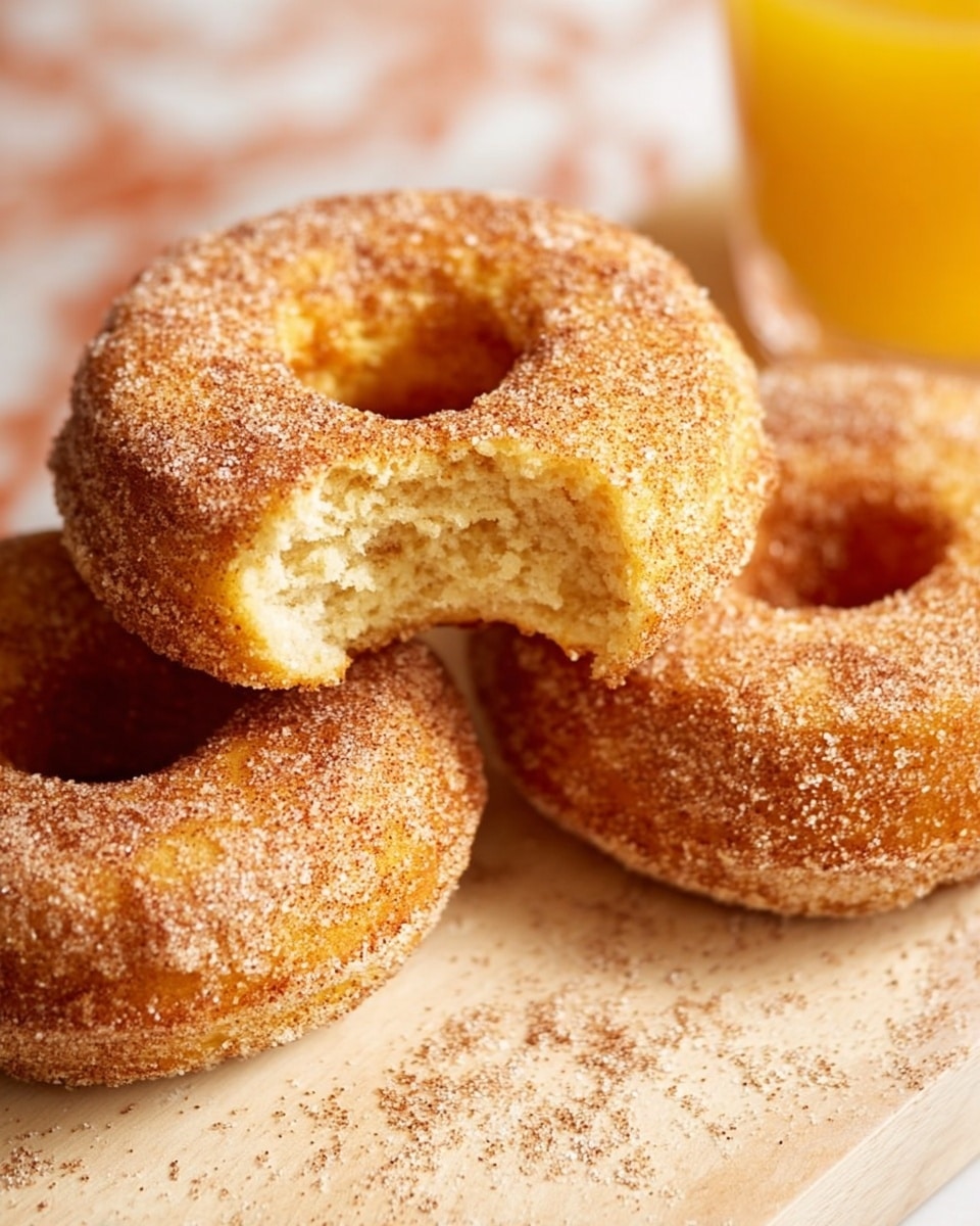 Three cinnamon sugar donuts are shown on a light wooden surface, arranged close together with one donut slightly on top and having a bite taken from it, revealing a soft and airy inside with a light golden color. The donuts have a rough texture from the sugar coating, which sparkles under the light, covering all sides evenly. The background is a white marbled texture with a glass of orange juice partially visible on the right side. Photo taken with an iphone --ar 4:5 --v 7