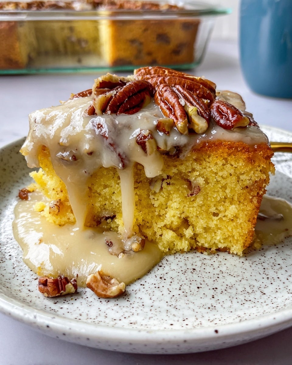 A thick slice of yellow cake with small pieces of nuts visible inside sits on a white plate with speckles. The cake looks soft and moist, with a golden brown top layer. Creamy light beige sauce with bits of nuts is poured over the top of the cake and is running down the sides, pooling around the base. Whole pecans are scattered on the top of the sauce, adding texture. The background shows a clear glass baking dish with more cake inside, and a white marbled surface under the plate. Photo taken with an iphone --ar 4:5 --v 7