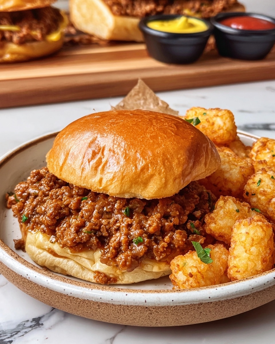 A close-up image of a sandwich filled with rich, textured ground meat topped with chopped green herbs, nestled inside a shiny, golden-brown bun that is slightly open, all placed inside a round white bowl. The bowl is surrounded by crispy, golden-brown tater tots, arranged around the sandwich. In the background on a wooden board, more of the same ground meat is visible. Two small black cups with bright yellow mustard and vibrant red ketchup are also visible behind the bowl. The scene is set on a white marbled surface. Photo taken with an iphone --ar 4:5 --v 7