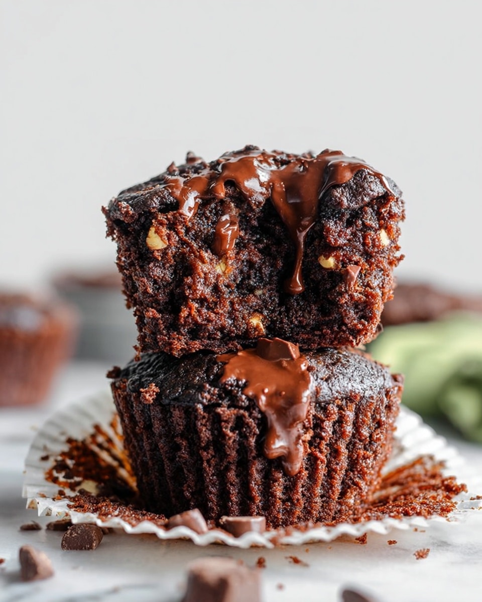 A close-up of a single chocolate muffin placed on an opened white muffin liner, showing a dark brown, moist texture with several melted and shiny chocolate chips on top and throughout the muffin surface. The muffin is front and center with two more muffins blurred softly in the background, also sitting in white liners, on a white marbled surface scattered with chocolate chips and cocoa powder. A small piece of green vegetable can be seen slightly blurred to the side. The photo taken with an iphone --ar 4:5 --v 7