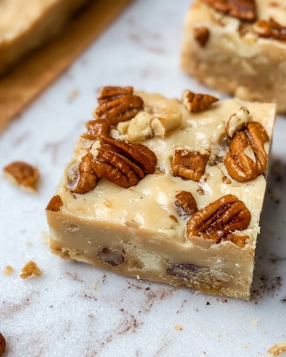 A block of creamy white fudge is shown, cut into even square pieces with some pieces slightly separated. The fudge is dotted with whole and chopped brown pecans throughout, both inside and on top, creating a crunchy texture. The surface has a smooth, slightly cracked look with visible nut pieces embedded. The fudge rests on white parchment paper over a wooden board with a rustic grain pattern, and scattered pecan pieces are around the fudge. photo taken with an iphone --ar 4:5 --v 7