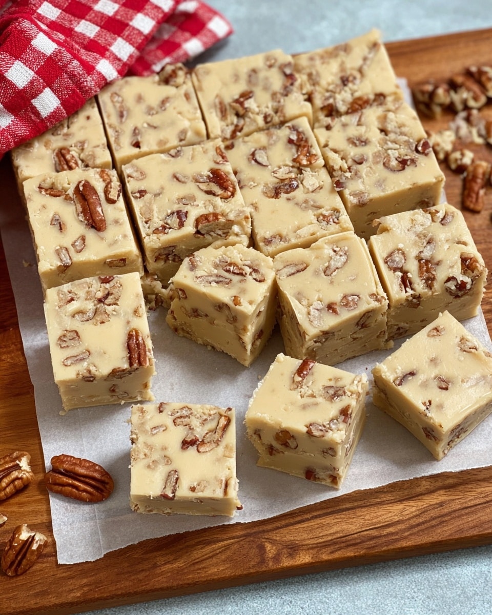 A close-up view of a square-shaped bar with a cracked, light beige top layer scattered with large and small toasted pecan pieces that add a rich brown color and textured look. The bar's edges show a dense and slightly crumbly interior, with some pecan chunks visible in the body. The bar rests on a white marbled surface with slight crumbs around it, and there is a glimpse of another bar at the top left corner. Photo taken with an iphone --ar 4:5 --v 7