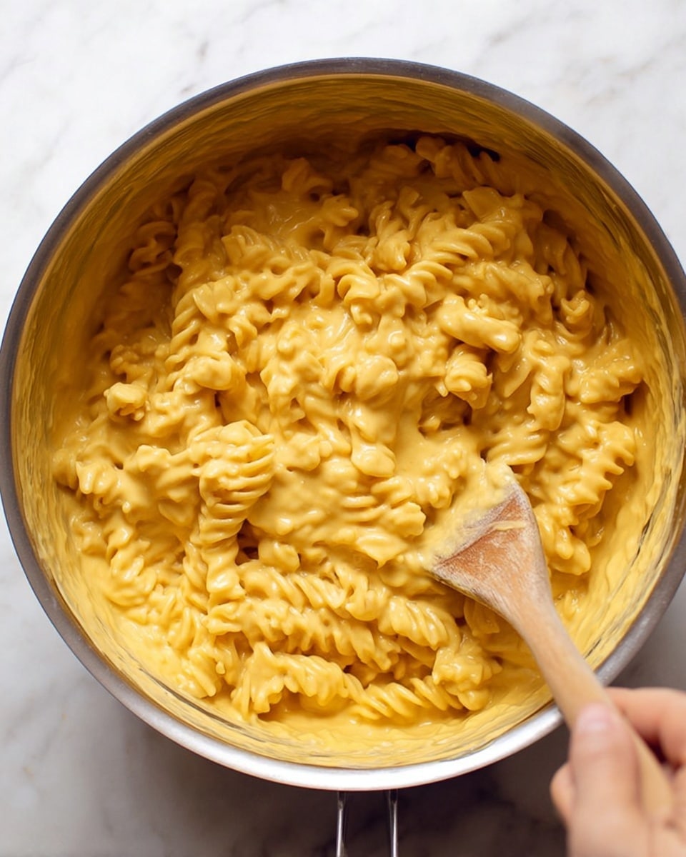 The image shows a close-up view of a pot filled with creamy rotini pasta covered in a thick, smooth, yellow cheese sauce. The pasta curls are fully coated, and the cheese sauce has a soft texture, sitting in thick layers that cling well to the pasta's ridges. A wooden spatula stirs the mixture, with a woman's hand visible holding the handle from the right side of the frame. The pot is silver-colored and placed on a white marbled surface. photo taken with an iphone --ar 4:5 --v 7