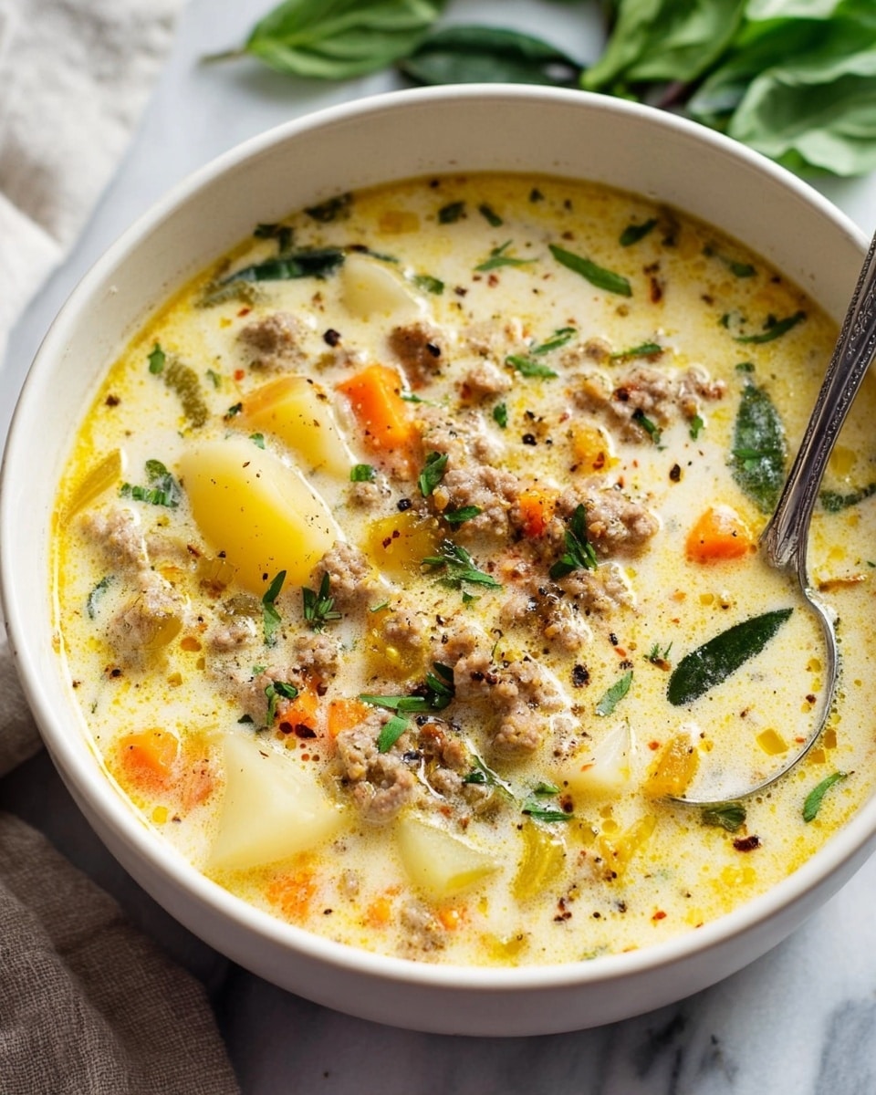 A white bowl filled with creamy soup that has several layers visible: a light yellow creamy broth with specks of black pepper and green herbs, scattered small pieces of orange carrots, soft white potato chunks, and crumbles of cooked ground meat on top. A large metal spoon rests inside the bowl on the right side, partially submerged in the soup. The bowl sits on a white marbled surface with green leafy herbs blurred in the background. The overall look is warm and comforting, with mixed textures showing soft vegetables and meat in a smooth broth, photo taken with an iphone --ar 4:5 --v 7