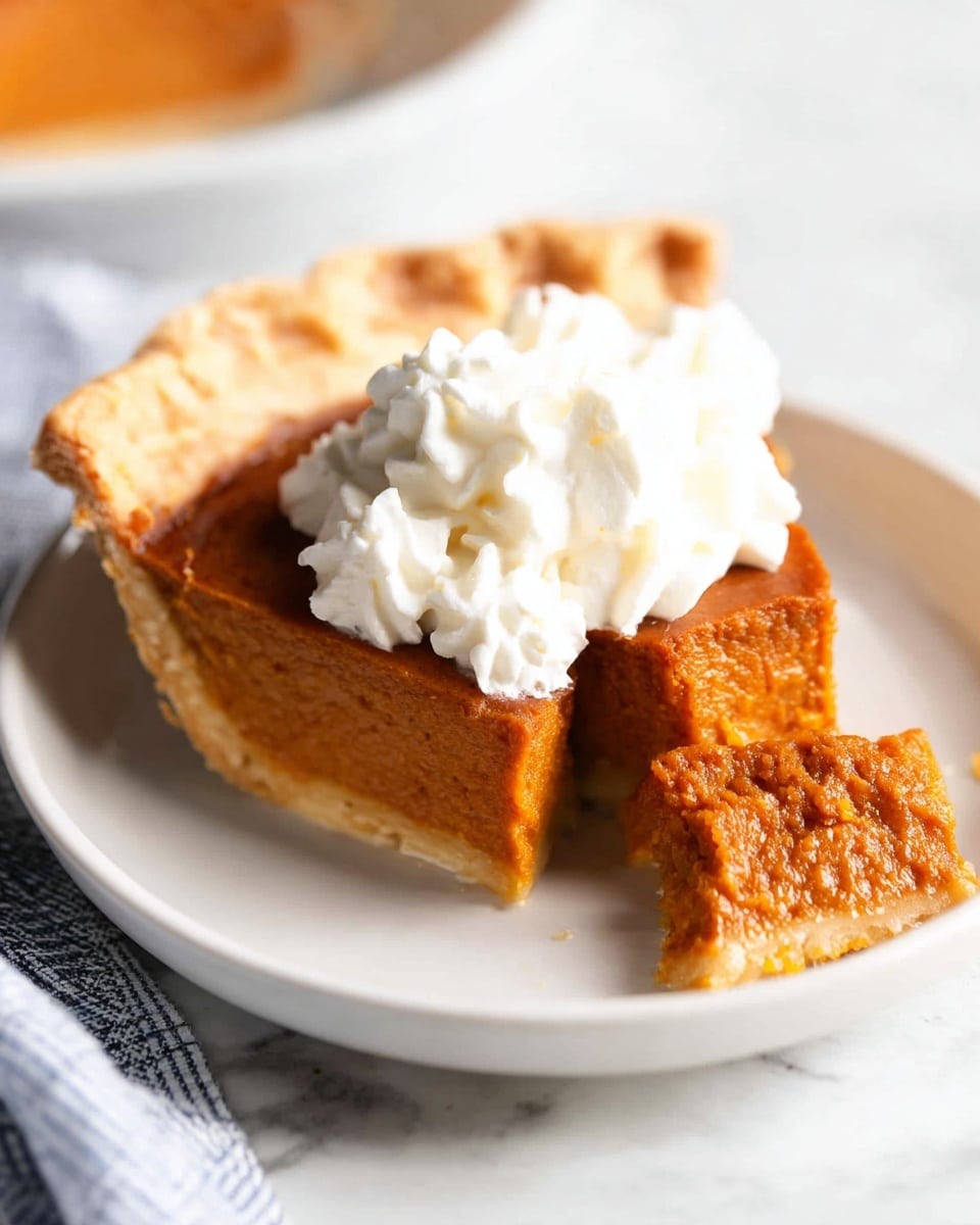 A slice of pumpkin pie with a thick dark orange filling on a light golden crust is placed on a white plate with a white marbled texture background. The filling shows a slightly textured surface and a smooth but firm inner layer. On top, there is a layer of white whipped cream, swirled in soft peaks. A small wedge of the pie has been removed and is resting close by on the plate. The photo taken with an iphone --ar 4:5 --v 7