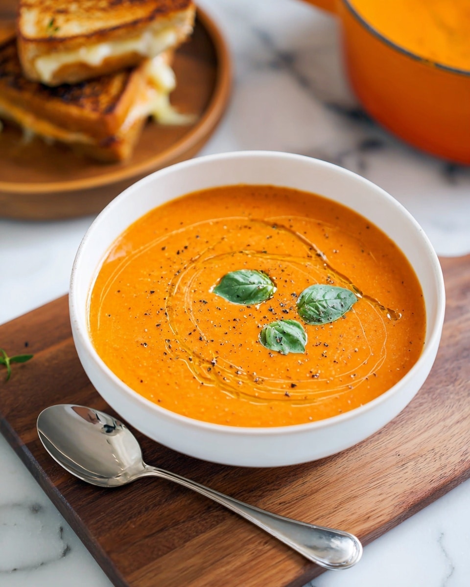 A close-up view of a white bowl filled with bright orange creamy soup that has a slightly thick texture with small specks of herbs. A toasted golden brown sandwich corner with visible melted cheese is dipped into the soup and held by a woman's hand. The sandwich has a crispy, browned crust with a rough texture. The soup is smooth and shiny with a small green leaf floating near the edge. The bowl sits on a white marbled surface. Photo taken with an iphone --ar 4:5 --v 7