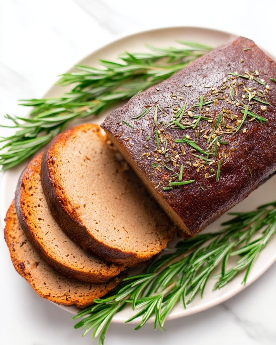 This image shows a dark brown, roasted loaf with a slightly crispy texture and sprinkled with small dried herbs on top, placed on a bed of fresh green rosemary sprigs. To the left of the loaf, four even, thick slices are neatly arranged, revealing a smooth, light brown inside with a soft texture. The dish is presented on a white plate set on a white marbled surface. photo taken with an iphone --ar 4:5 --v 7