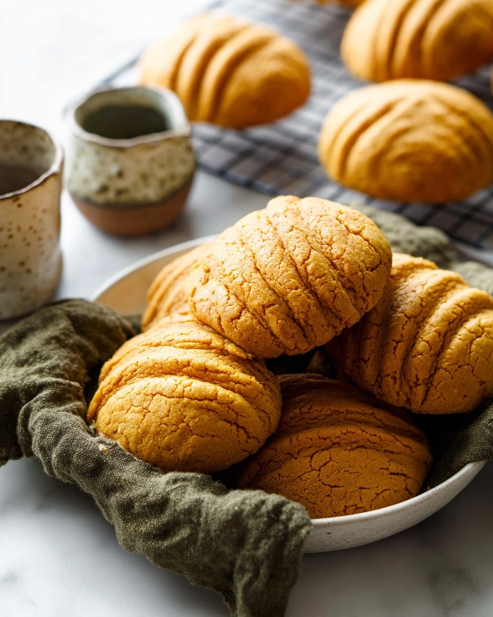 Six round bread pieces with a light golden brown crust sit on a black cooling rack over a white marbled surface. Each piece has a distinctive pattern of curved lines on top, creating a shell-like texture. The bread has a slightly rough and cracked surface, showing soft yellowish bread inside the cracks. The pieces vary slightly in size but are all thick and fluffy. photo taken with an iphone --ar 4:5 --v 7