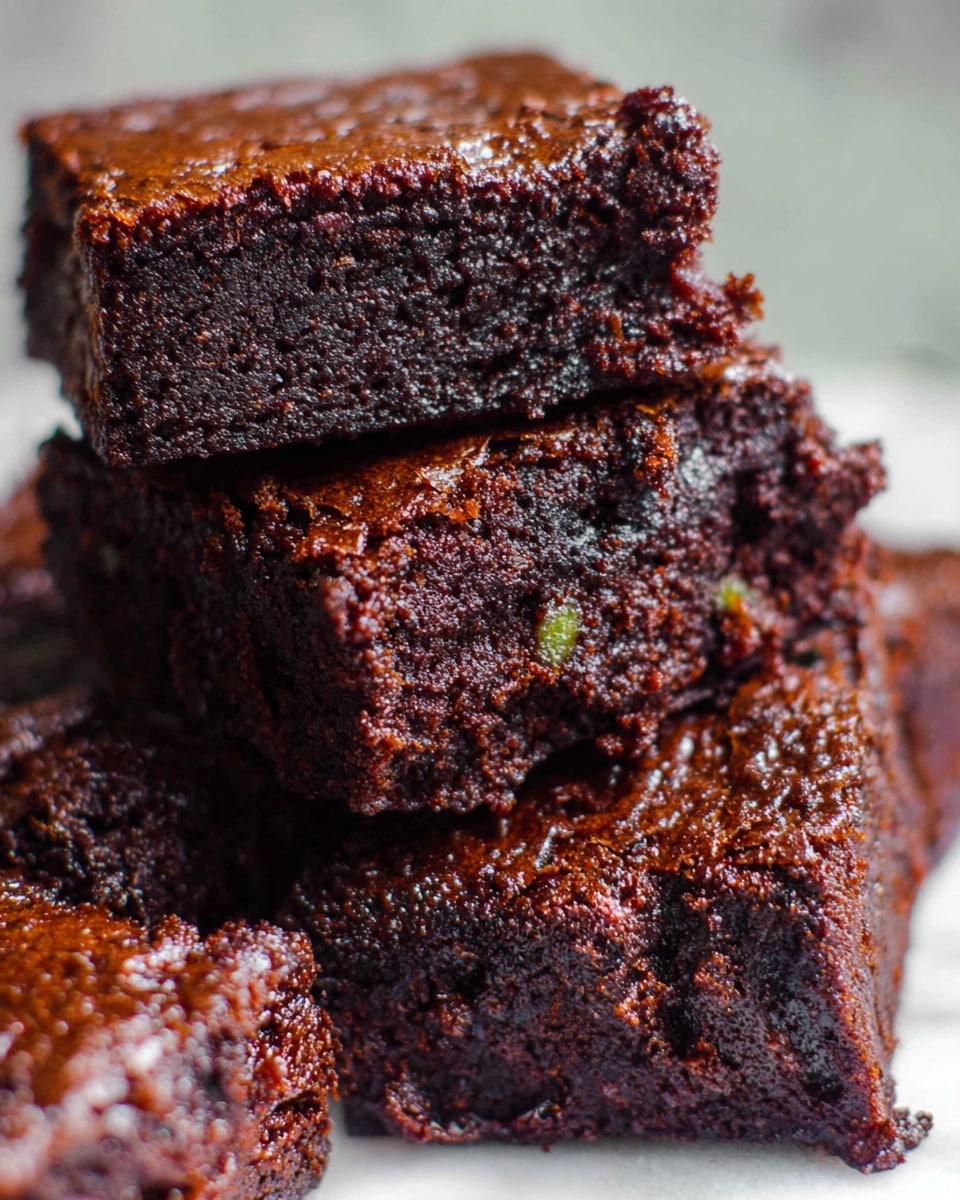 The image shows a close-up of dark brown chocolate brownies stacked on top of each other. Each brownie has a shiny, slightly rough surface with visible cracks and a dense, moist texture inside. Small green and orange bits are scattered within the brownies, hinting at added ingredients. The brownies are placed on a white marbled surface in soft light that highlights their rich color and texture. photo taken with an iphone --ar 4:5 --v 7