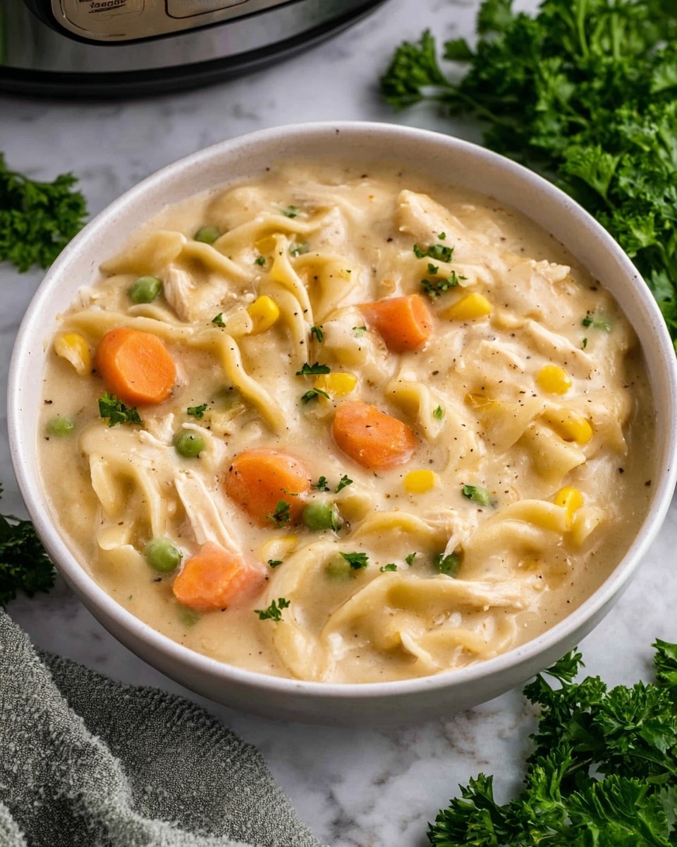 A close-up view of a thick creamy soup with a light beige color, showing visible pieces of noodles, orange carrot chunks, yellow corn kernels, and green beans mixed in. The soup has a smooth, rich texture with small specks of herbs scattered throughout. A metal spoon lifts a large scoop of the soup in the center, showing the noodles twirled and coated in the creamy sauce along with the colorful vegetables. The soup is inside a white pot with some soup splashed on the inner sides. Photo taken with an iphone --ar 4:5 --v 7