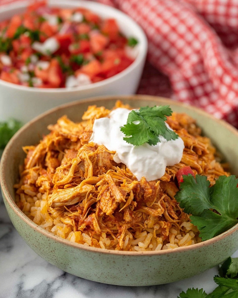 A bowl with three main layers is shown; the bottom layer is light orange rice, topped with a thick layer of shredded orange and brown chicken. On top of the chicken, there is a dollop of white sour cream with a small piece of green cilantro leaf on it, and a larger green cilantro leaf decorates the side. In the background, there is a white bowl with diced red tomatoes mixed with green herbs and white onions. The surface is white marbled, and a red and white checkered cloth is partially visible behind the bowl. Photo taken with an iphone --ar 4:5 --v 7